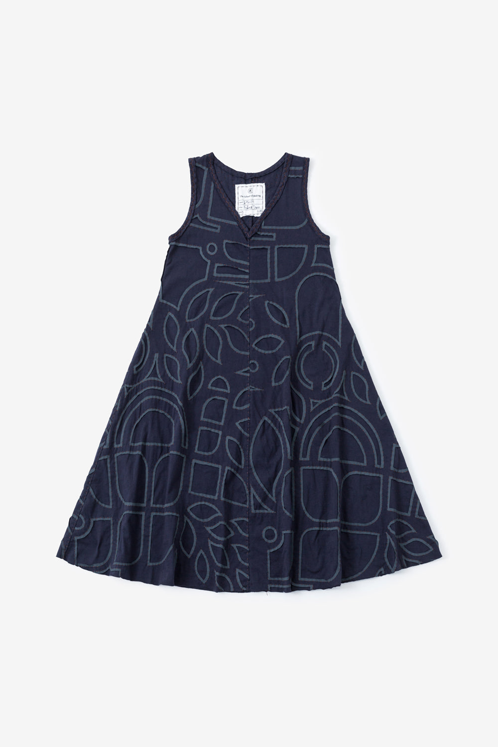 The A-Line Dress in navy with Abstract stencil.