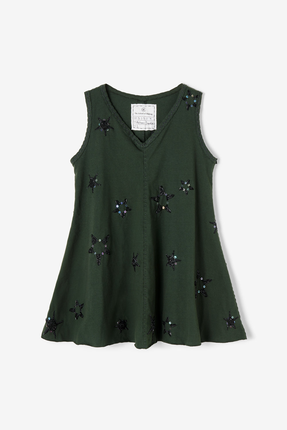 The Sleeveless Alabama Sweater Top in forest green with beaded stars.