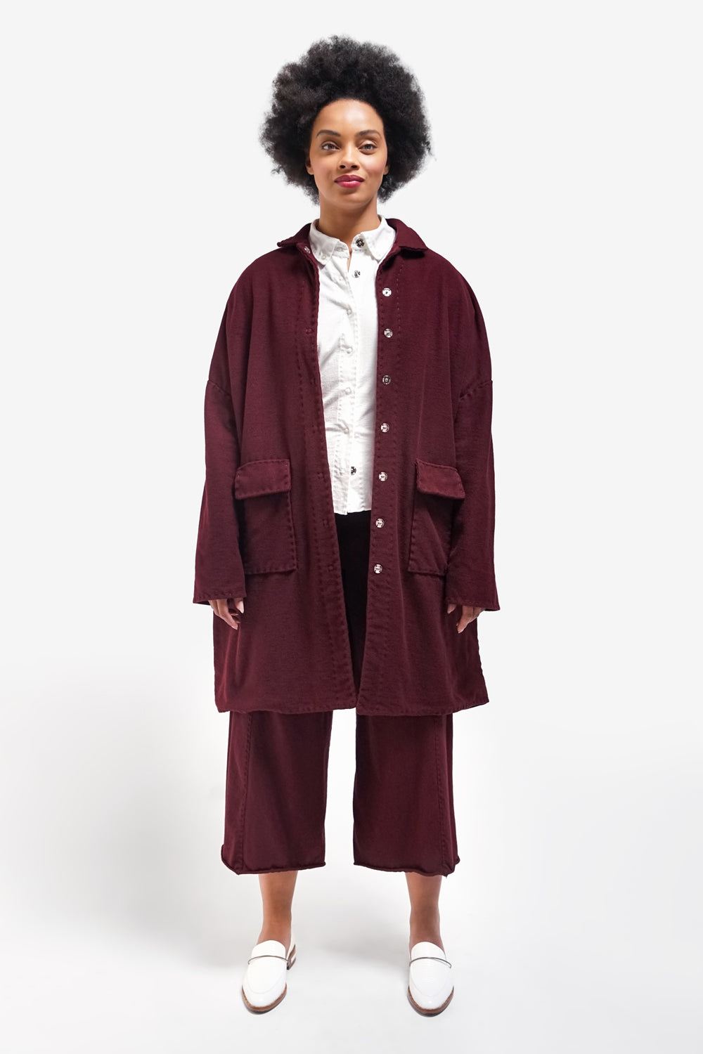 Model wearing the Car Coat in Plum.