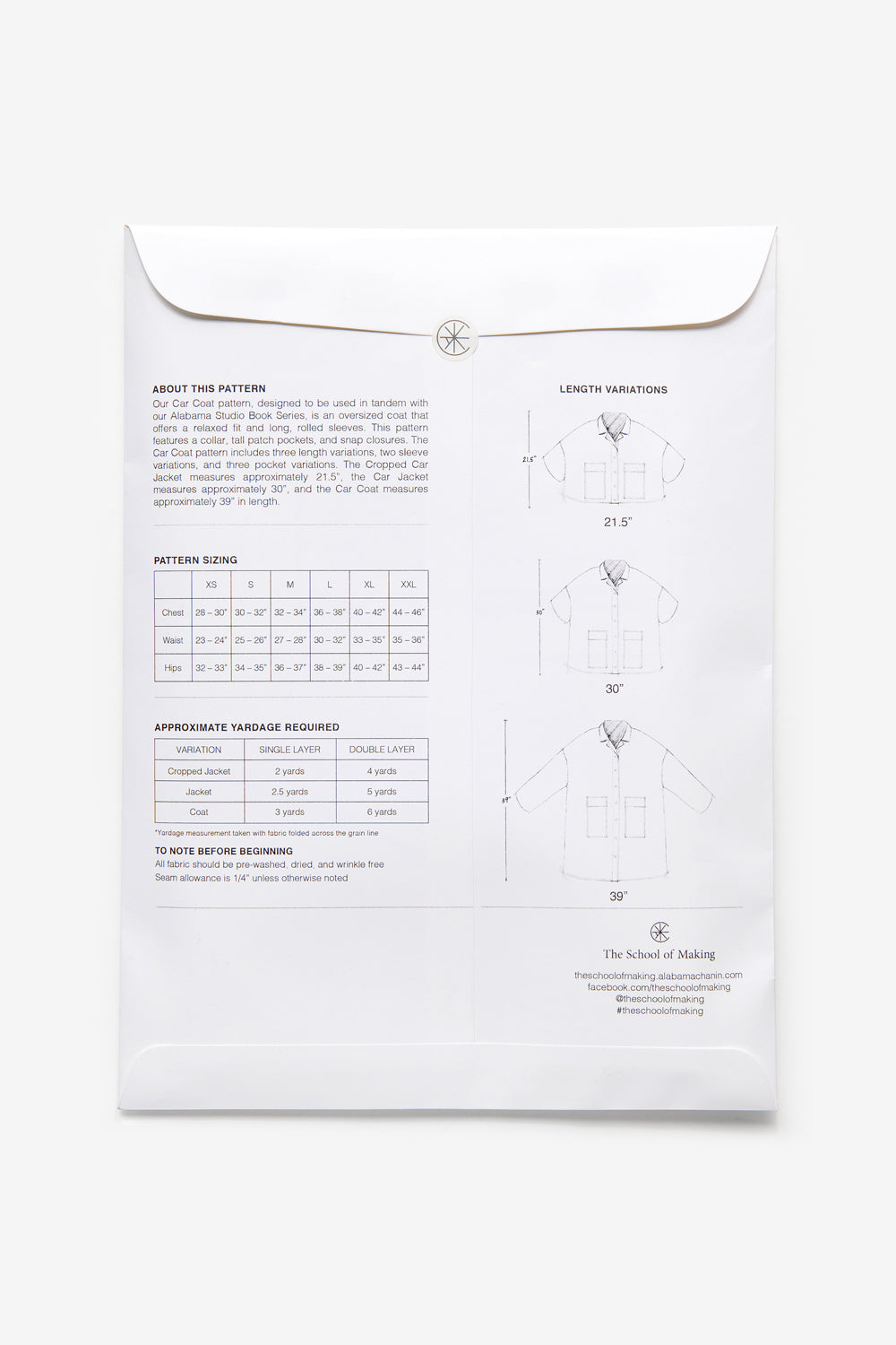 Paper envelope containing the Car Coat Sewing Pattern.