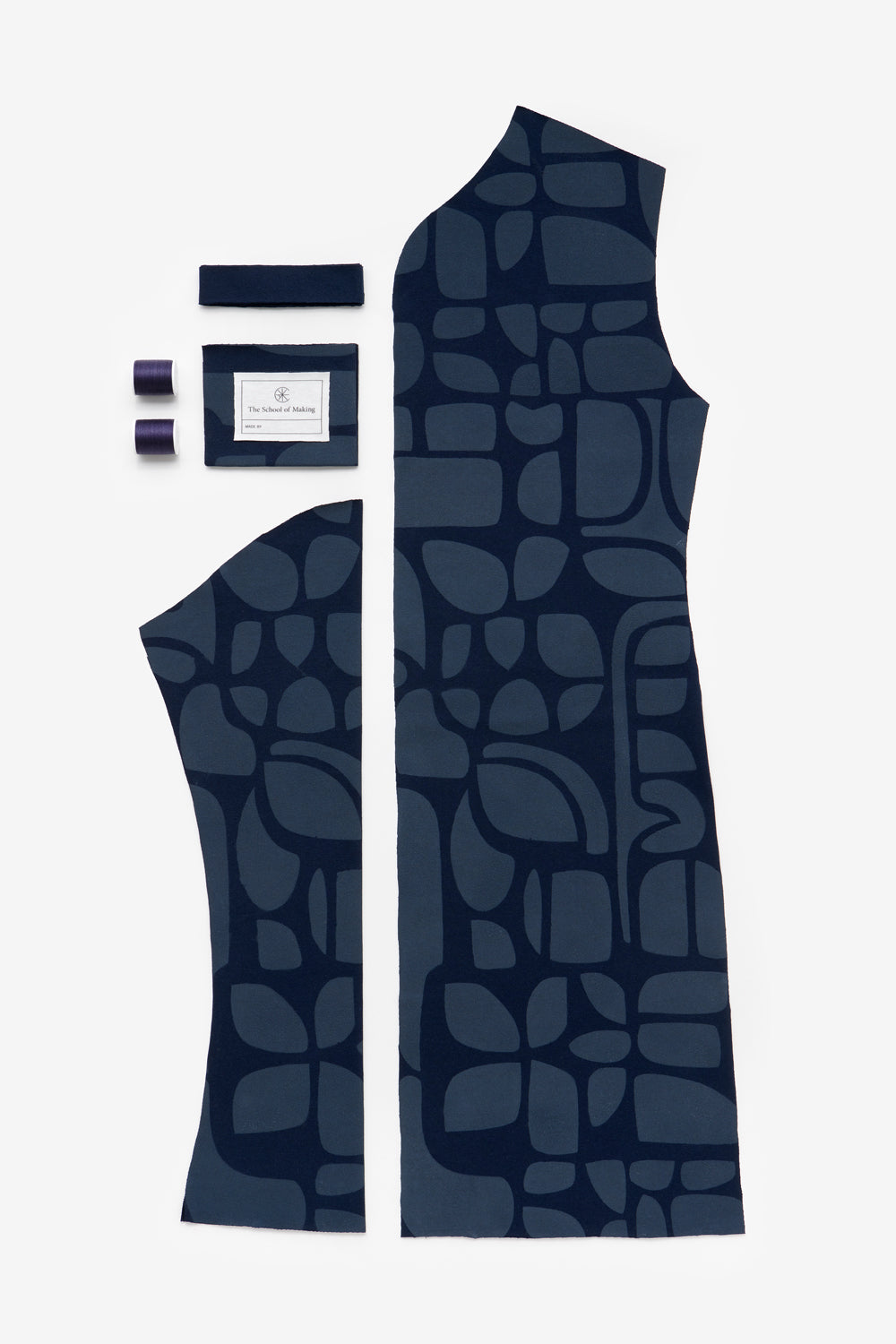 The School of Making Classic Coat in Navy with Tony stencil. Kit contents are shown.