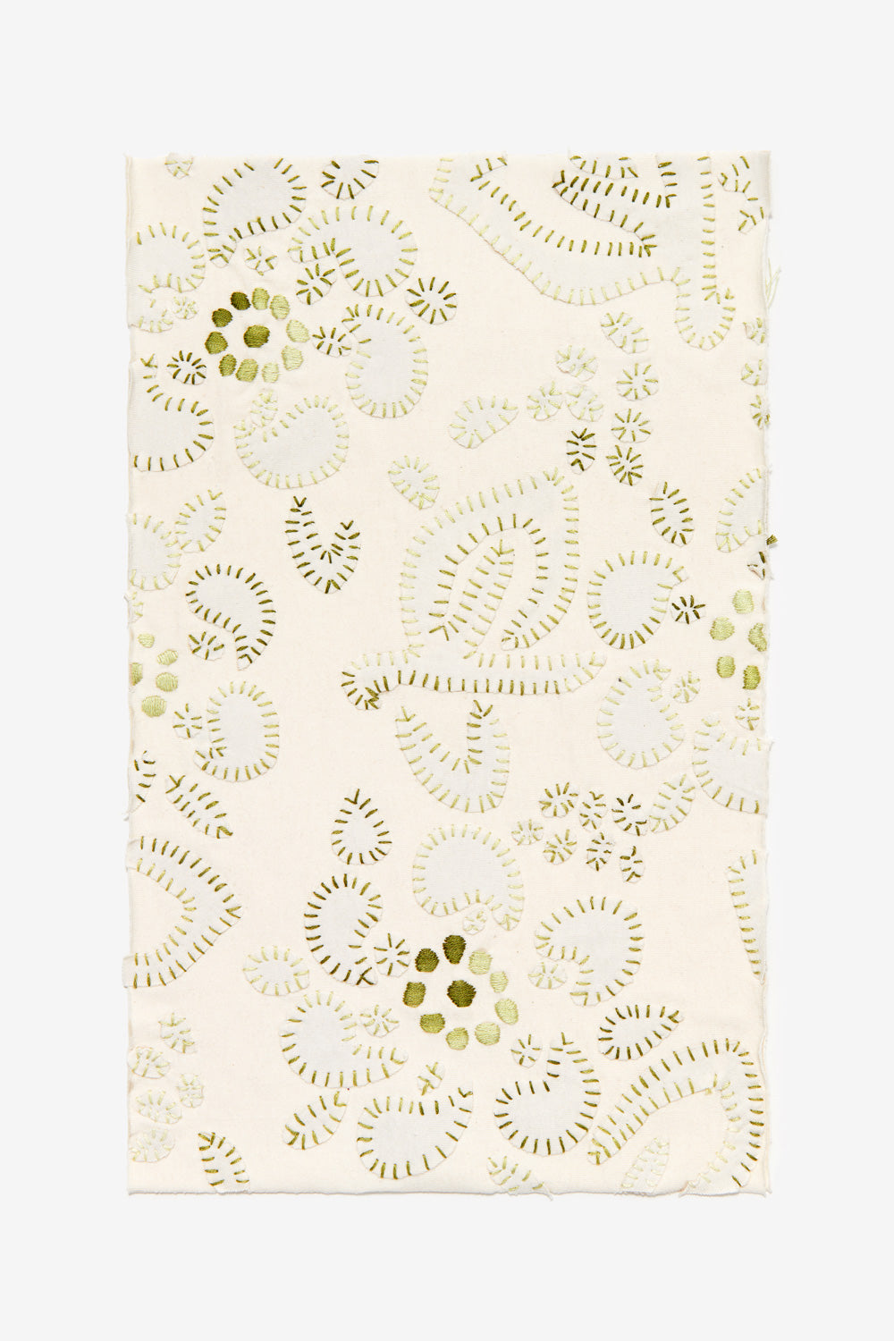 Swatch in Natural featuring the Daisy stencil with whipstitch appliqué and satin stitching.