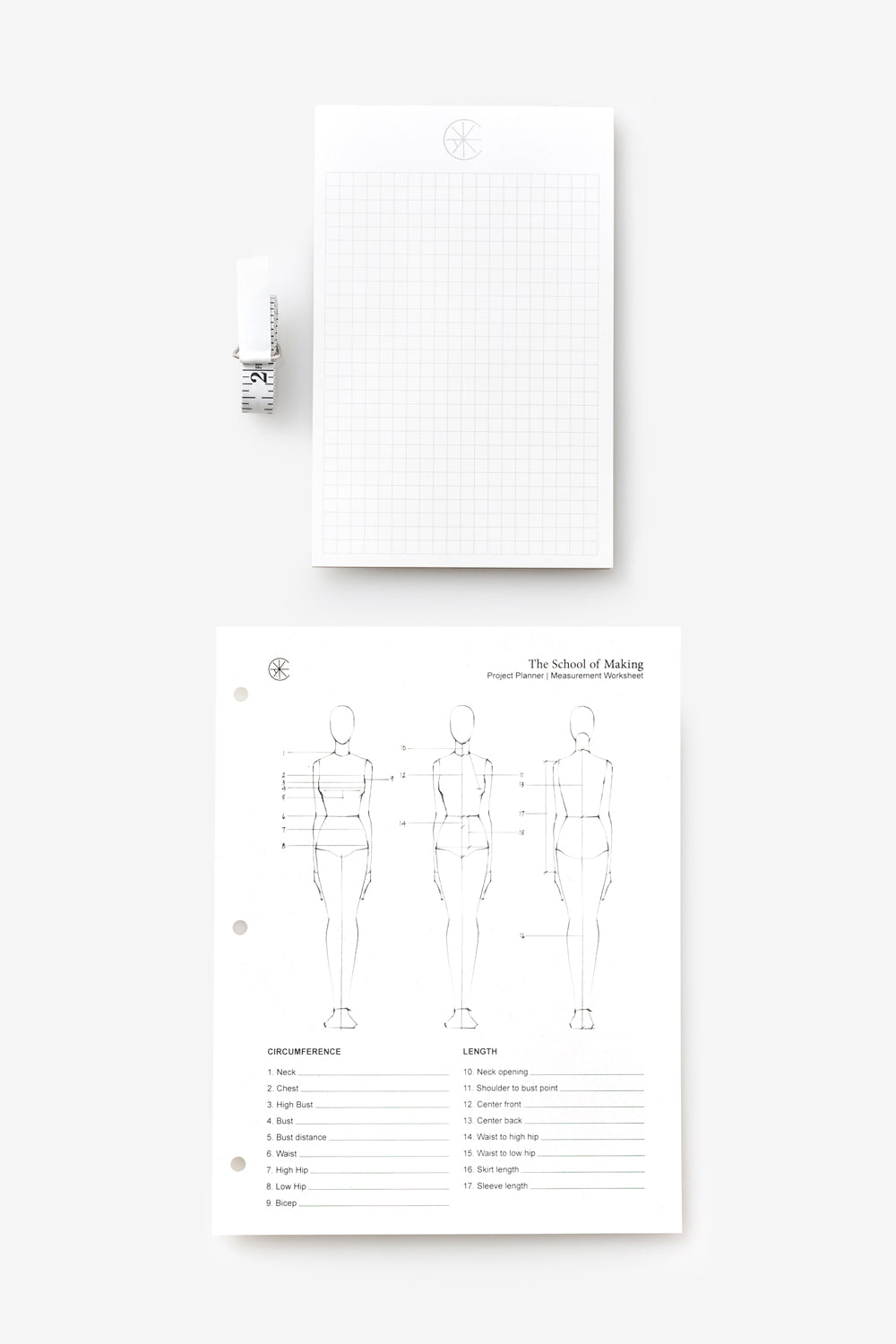 The School of Making Pattern Measurement Bundle with grid notepad, measuring tape, and measurement worksheet.