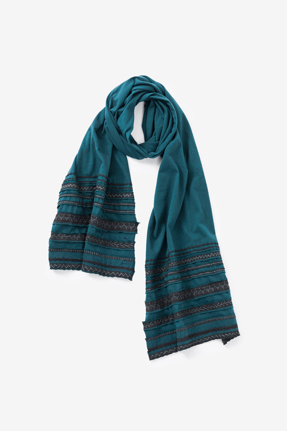 The School of Making Stripe Scarf in Teal with Variegated stencil design.