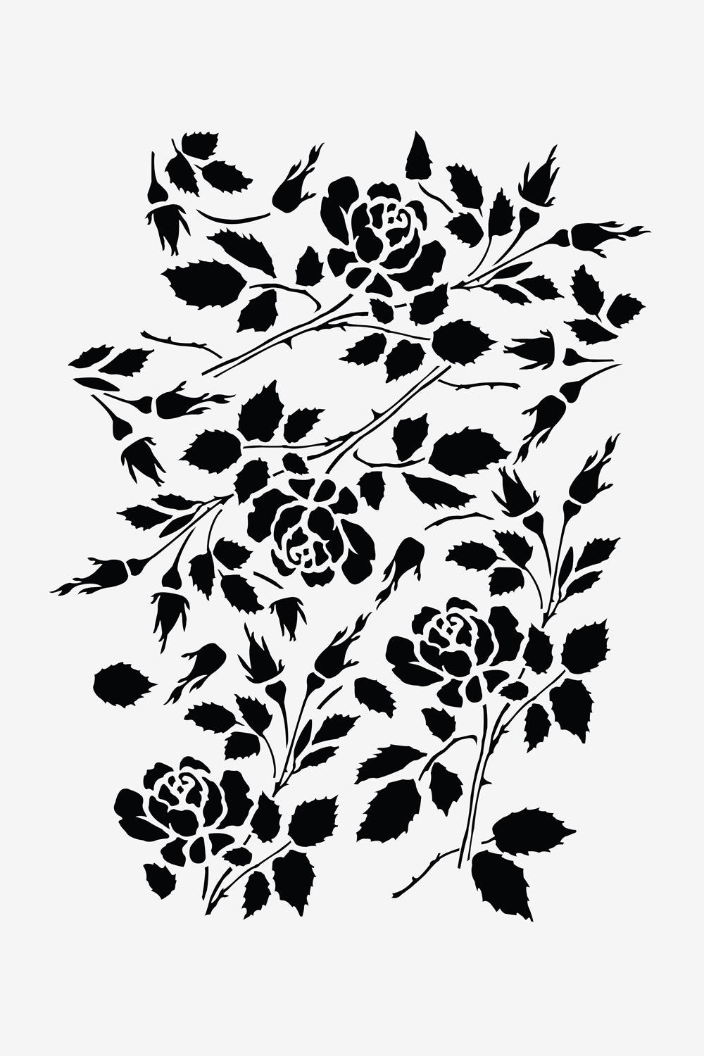 The Rose Stencil featuring a repeated long-stem rose pattern and leaves.