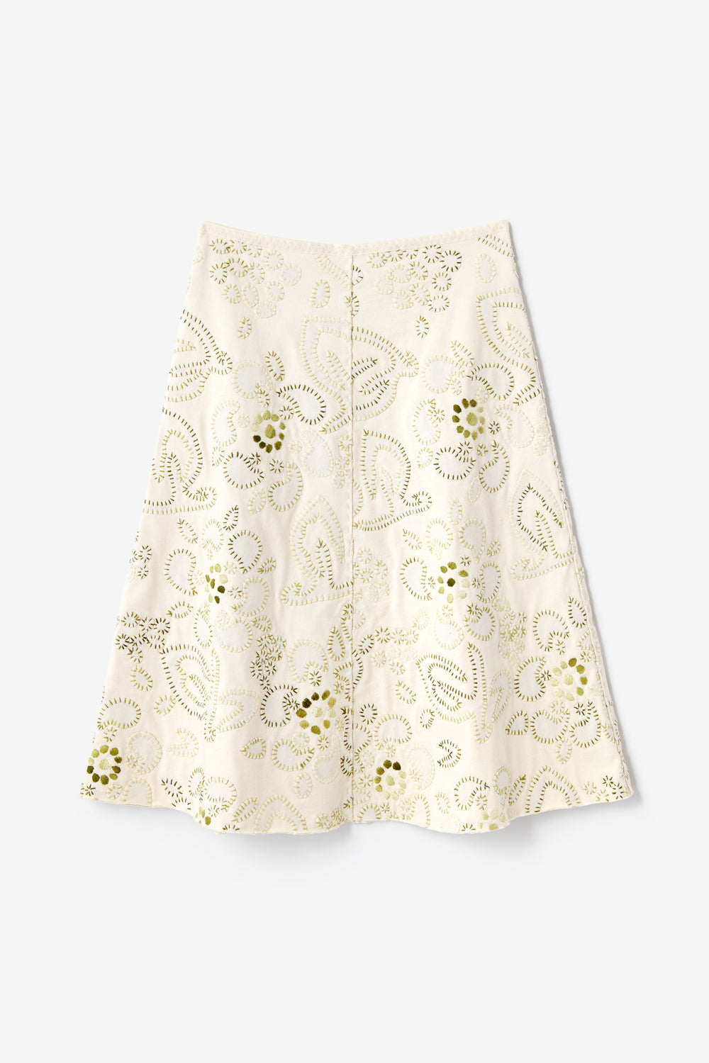 Swing Skirt in Natural with Daisy stencil and green stitching.