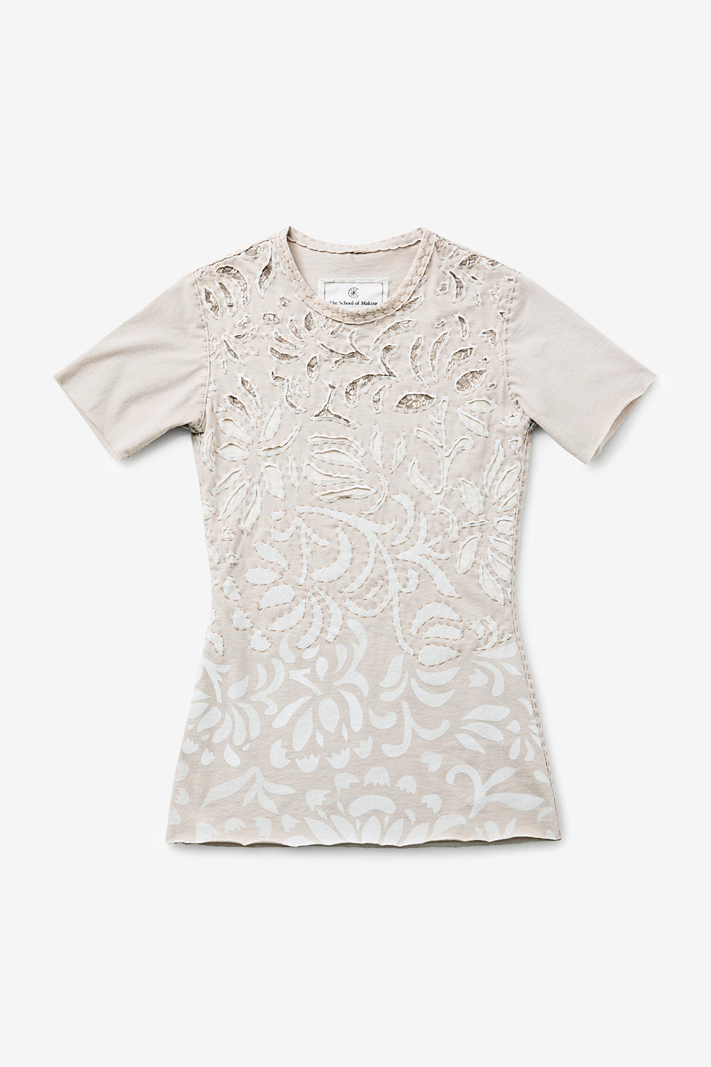 The T-shirt Top with transitional embroidery and beading. Shown in Sand with the Anna's Garden stencil.