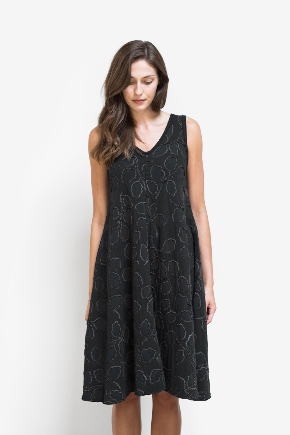 The A-Line Dress in black with New Leaves design on model.