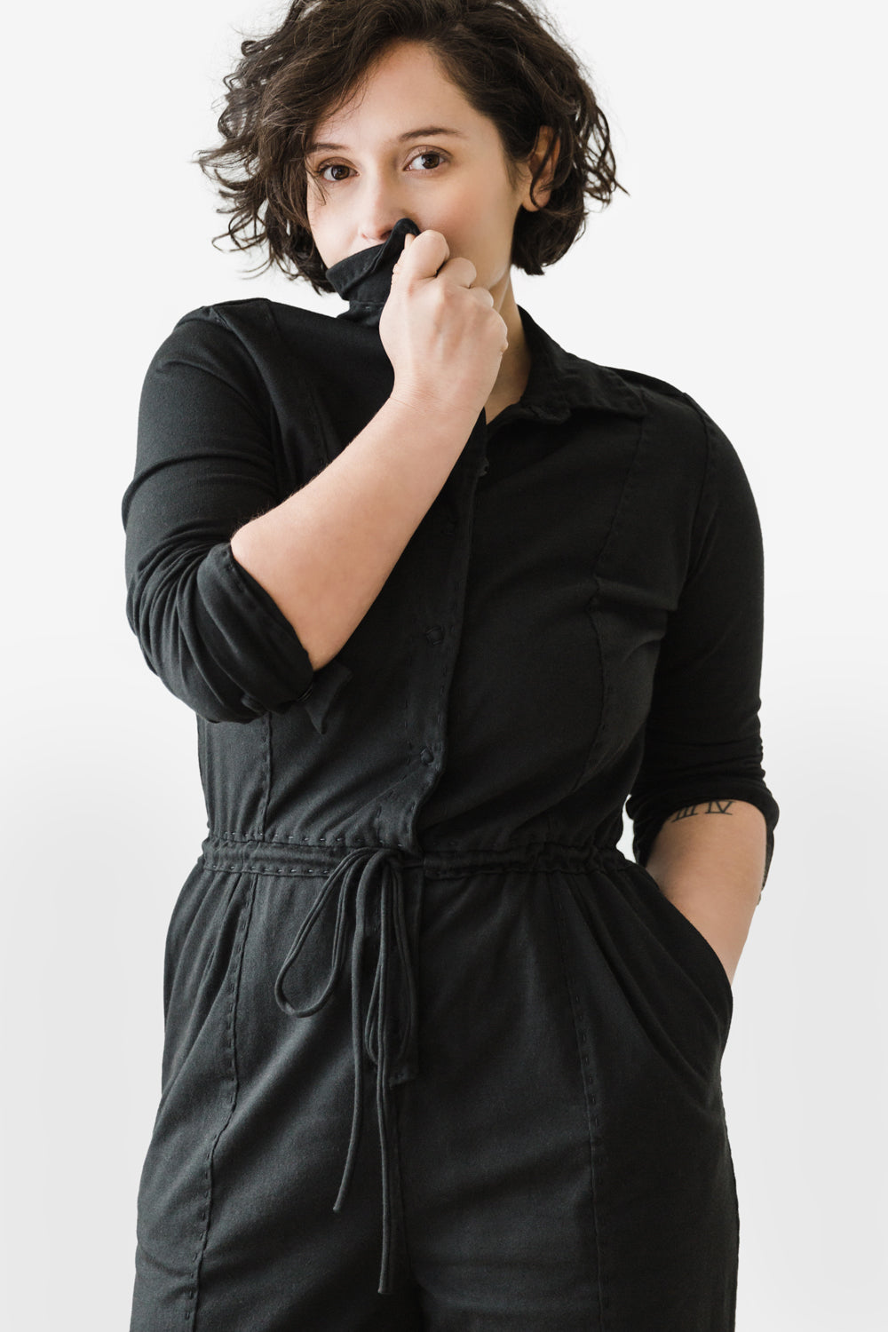 The School of Making Jumpsuit Kit in black. Made with 100% organic cotton. Styled on model.