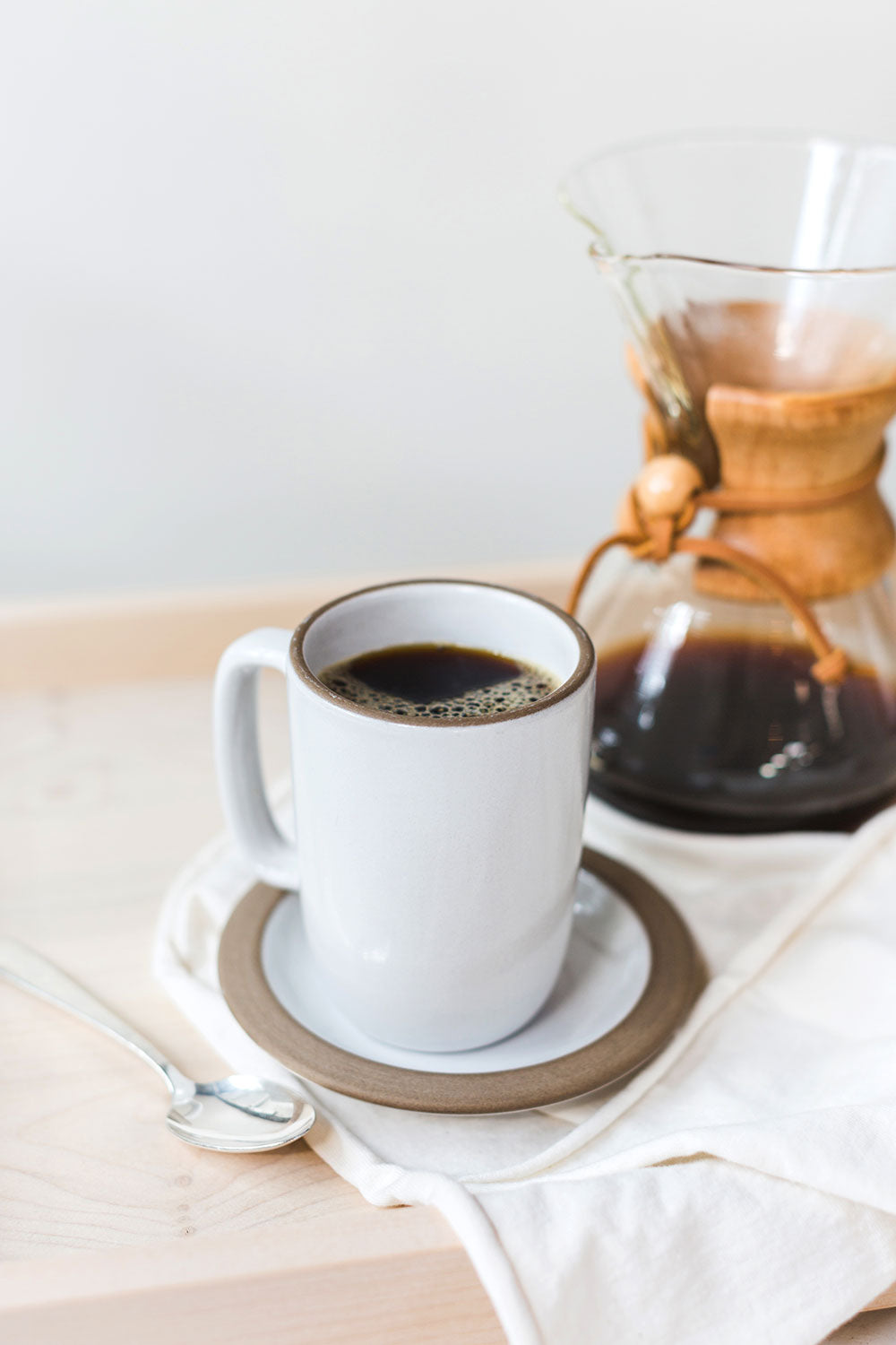 Alabama Chanin Large Heath Mug in White with Black Coffee and Saucer