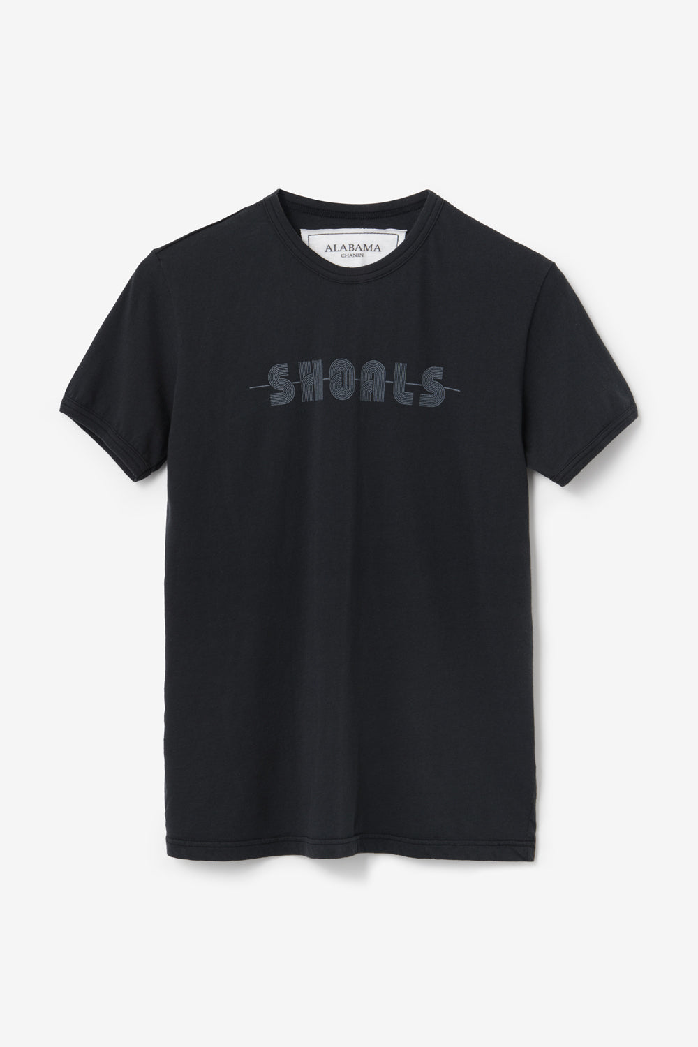 The Shoals Tee in Black Organic Lightweight Cotton with Shoals Logo Screenprinted in Grey