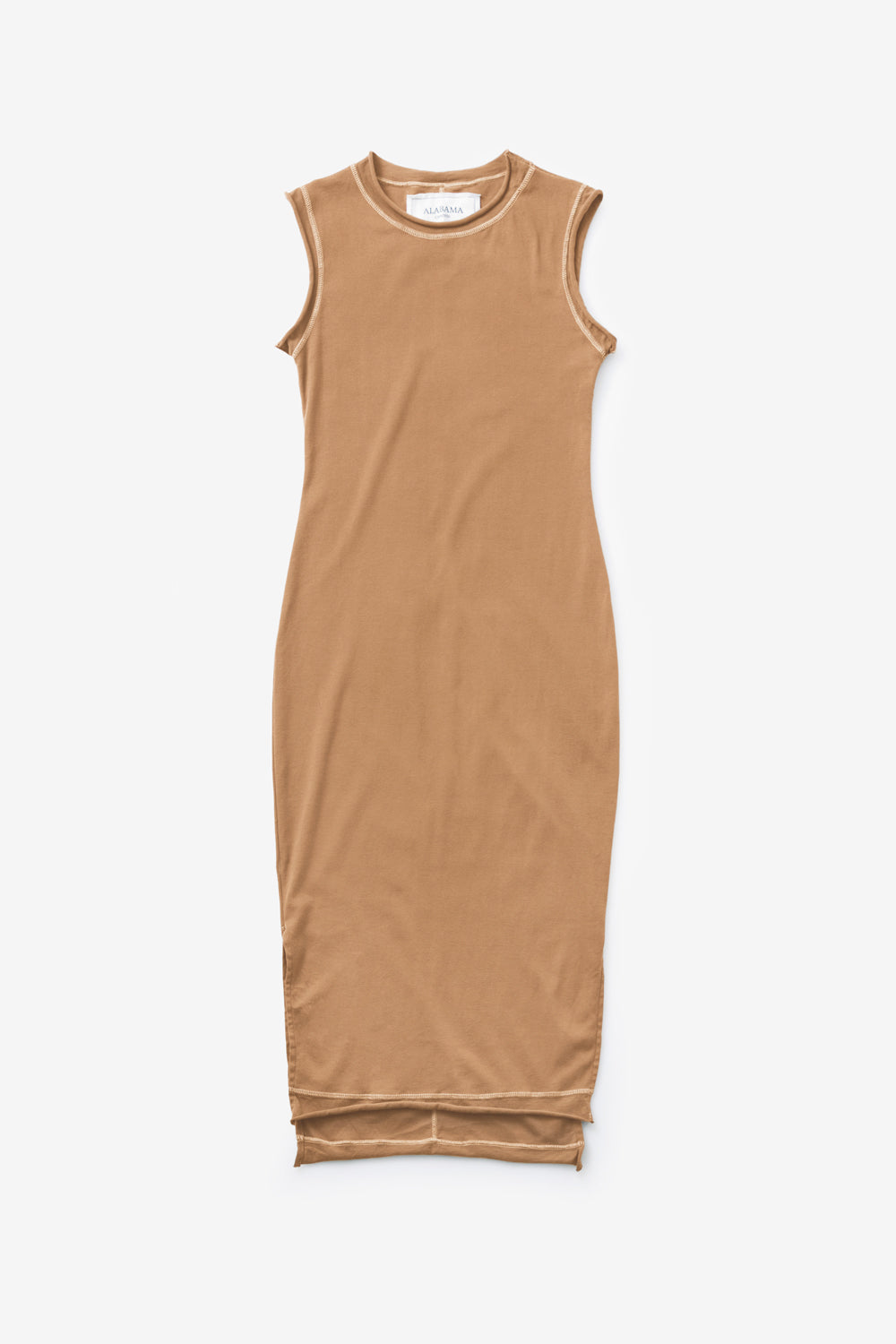 Sleeveless Alabama Chanin  organic cotton rib dress in Camel color.