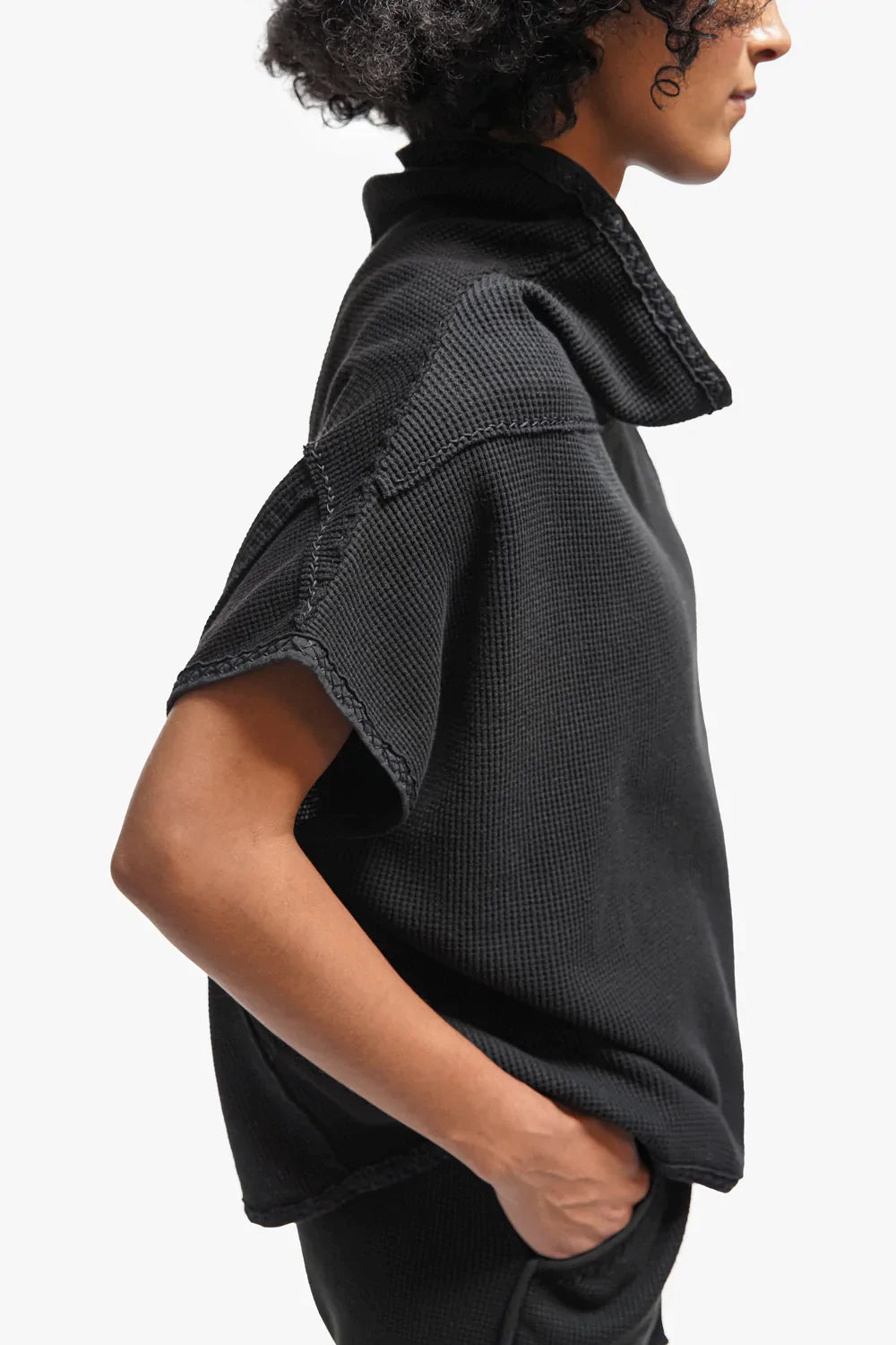 Artisan Designed womens short sleeve Waffle Sweatshirt in black organic waffle knit zero waste fabrics.