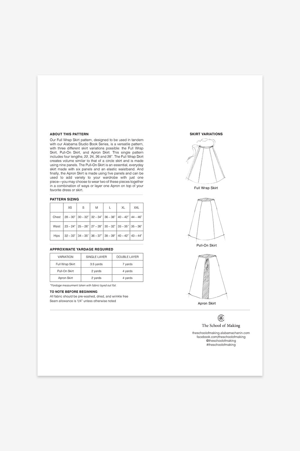 The School of Making Full Wrap Skirt Pattern Envelope with Pattern Sizing and Variations.