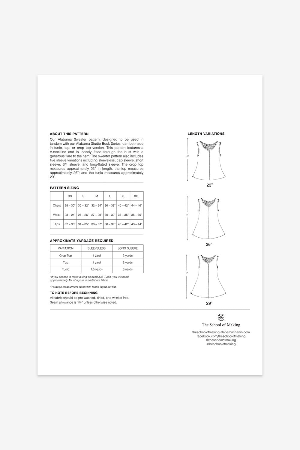 The School of Making Alabama Sweater Pattern Maker Supplies Sewing Pattern with Pattern Sizing and Adjustments.