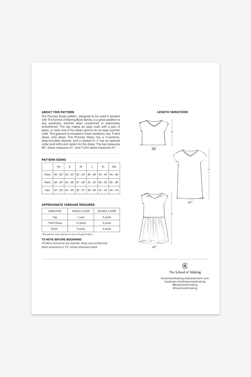 The School of Making Frances Dress Pattern Maker Supplies for Hand-Sewn Clothing.