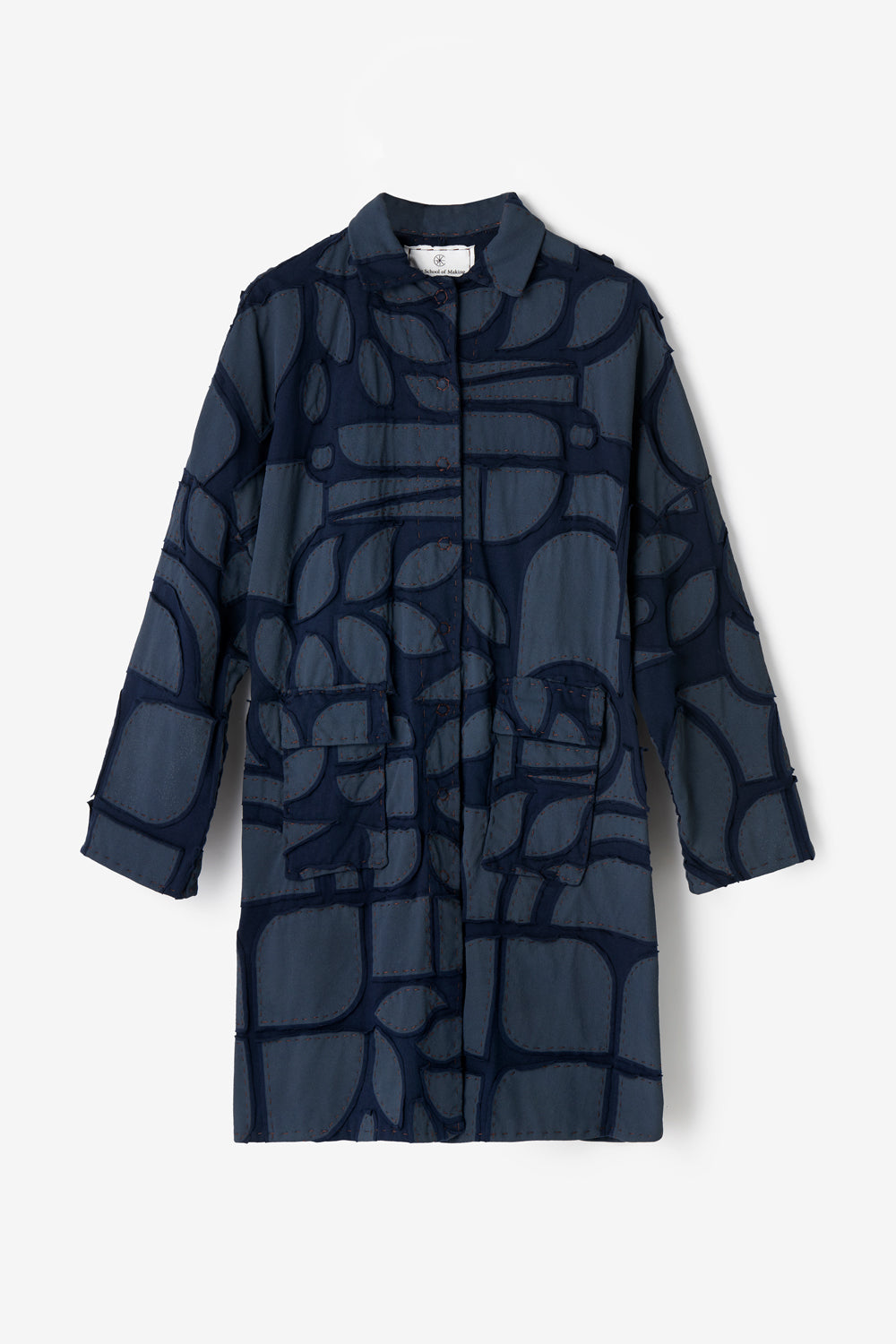 Car Coat in hand-embroidered cotton jersey, Abstract pattern in Navy