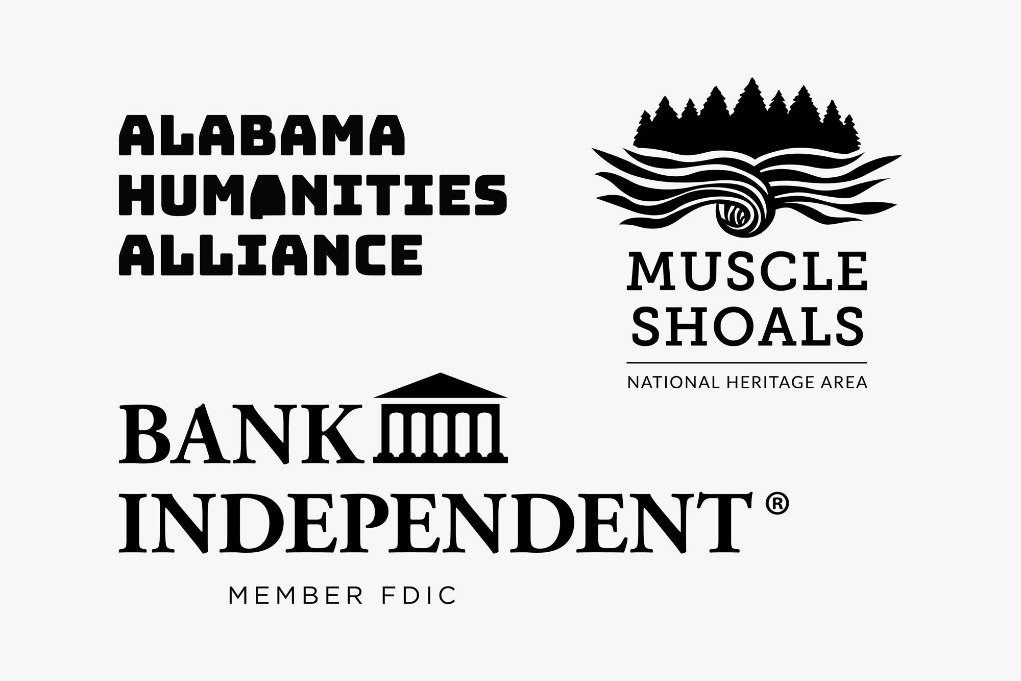 Logos for Alabama Humanities Alliance, Muscle Shoals National Heritage Area, and Bank Independent.