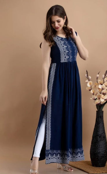 SHOW OFF HEAVY COTTON CAMBRIC PRINTED NECK EMBROIDERY NEW READYMADE  BEAUTIFUL LATEST FANCY DASHING DESIGNER FRILL STYLE LONG GOWN KURTI FOR  WOMEN VACATION SPECIAL BEST DEALER AGENT IN INDIA SINGAPORE - Reewaz