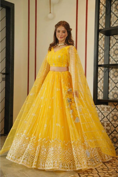 Indian Wedding Wear Haldi Special Organza Silk Printed Lehenga Cholli With  Stitch Designer Blouse at Rs 1400 | शादी का लहंगा in Surat | ID:  2852094501473