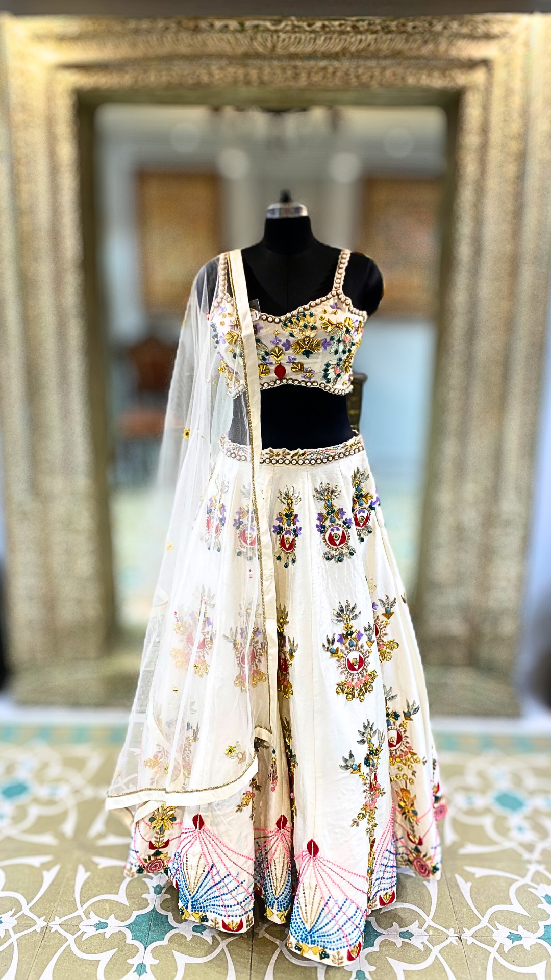 Ivory Ruffle Lehenga with Black Embroidered Blouse - Priti Sahni