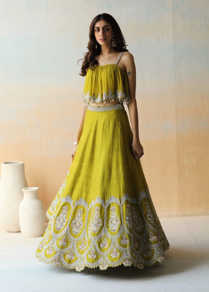 Top 100+ Olive Yellow Lehenga Designs: Unique and Refreshing Choice for Mehndi