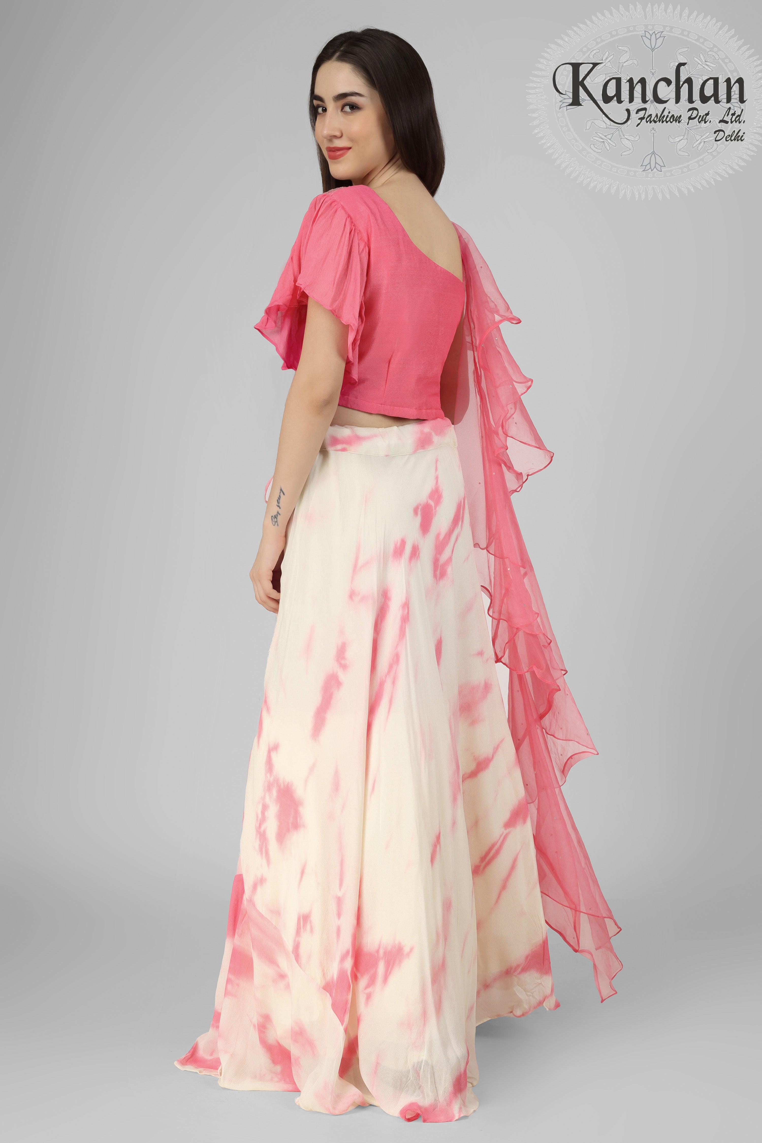 Chinon Silk Tie And Dye Skirt With Organza Ruffle Dupatta