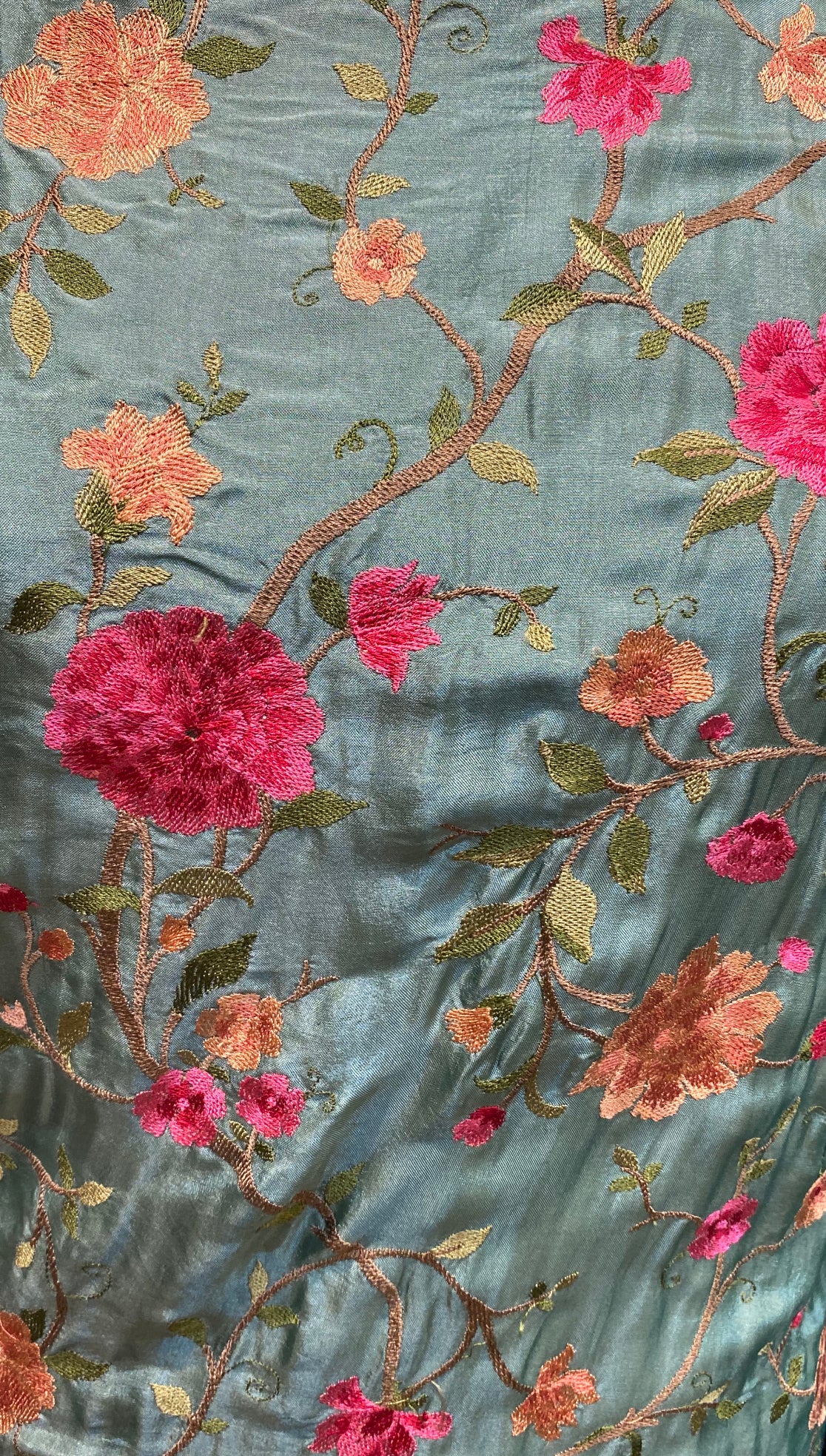 Blue silk with Flowers - PURE MULBERRY SILK fabric by the yard