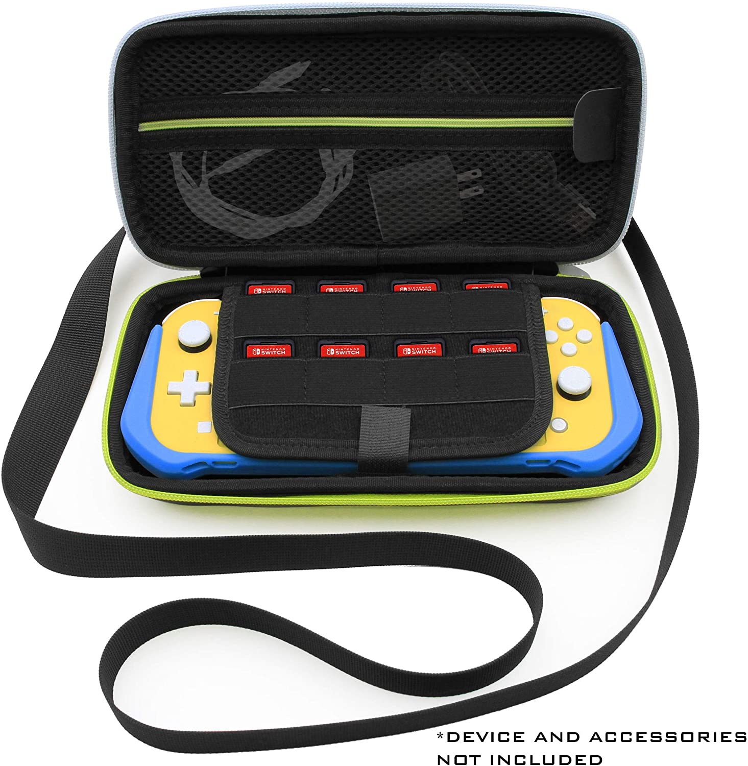 CASEMATIX Carrying Case for Nintendo Switch Lite with 8 Game Slots, Non-Scratch Divider for Screen Protection, Accessory Storage and Strap | Lightweight Affordable Hard Cases For Microphones, Guns,
