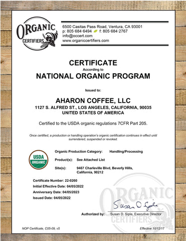 Organic Certification Aharon Coffee
