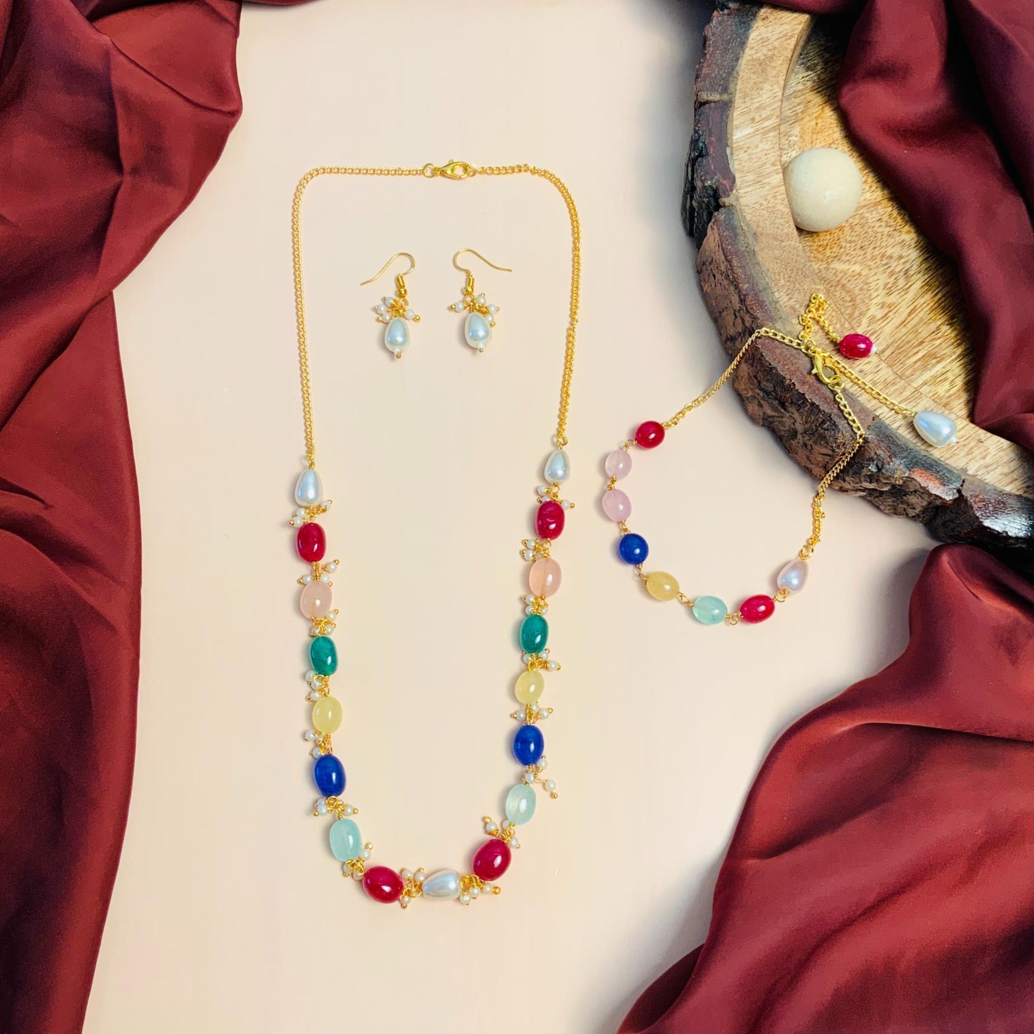 Gold-plated godess-temple pearl-beaded necklace and earrings set - Adwitiya  - 4181807