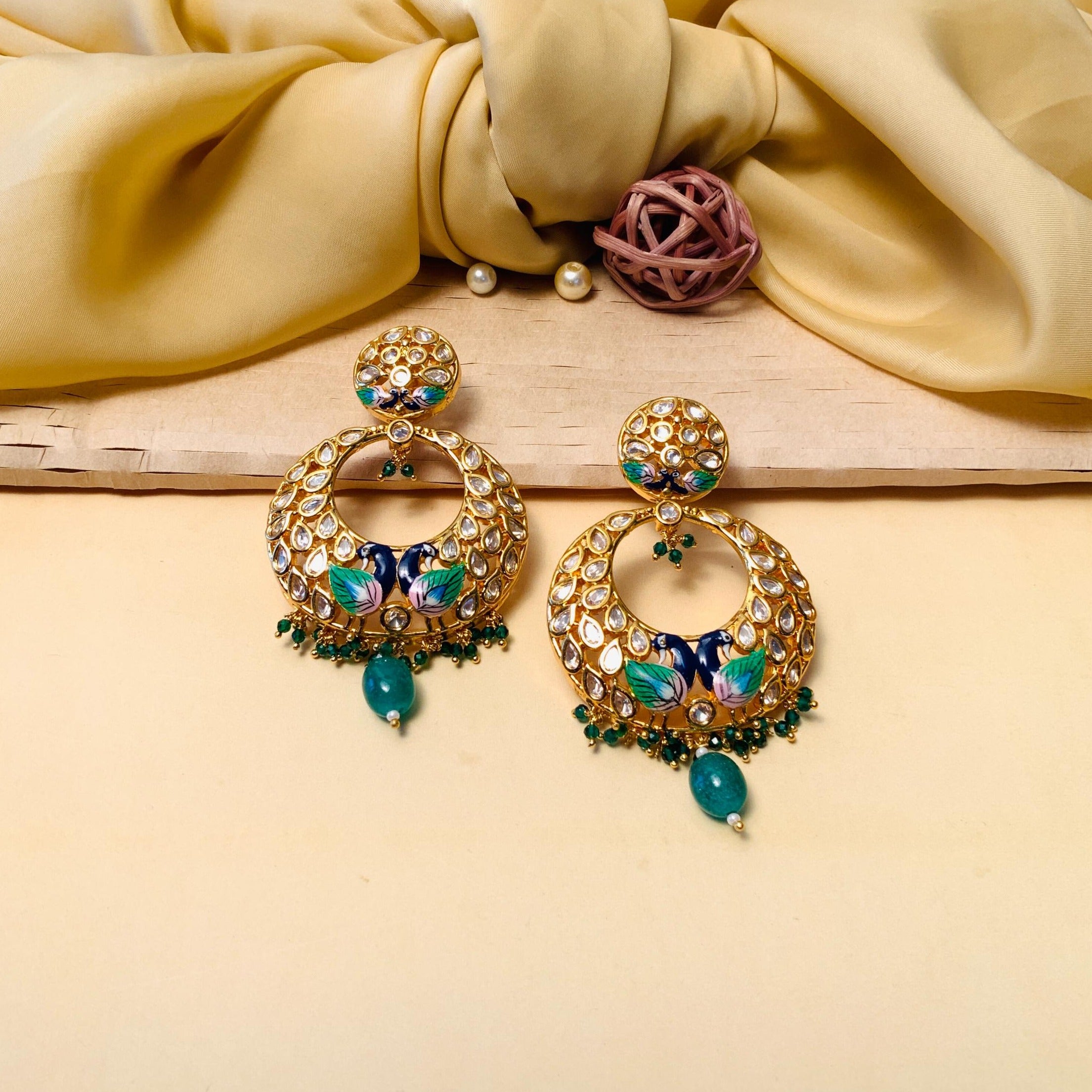 Gold Plated Circular Studded Long Chandbali Enamelled Drop Earrings –  Silvermerc Designs