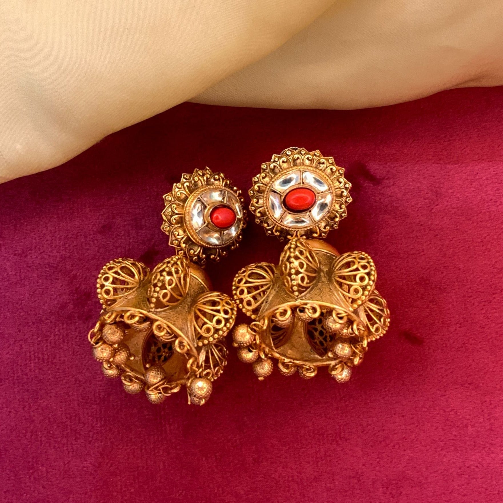 235-GER6650 - Chandbali Earrings(Temple Jewellery) - 22K Gold 'Peacock'  Drop Earrings with Ruby, Emerald, Cz & Pearls | Temple jewellery earrings,  Temple jewellery, Gold jewelry indian