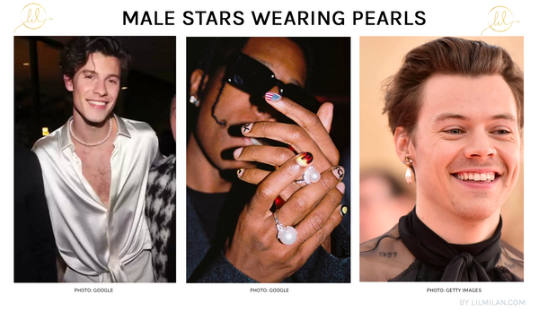 male stars wearing pearls, silk shirt and pearls, Harry Styles wearing pearl earring, ASAP rocky wearing pearl rings, Shawn Mendes wearing pearl necklace