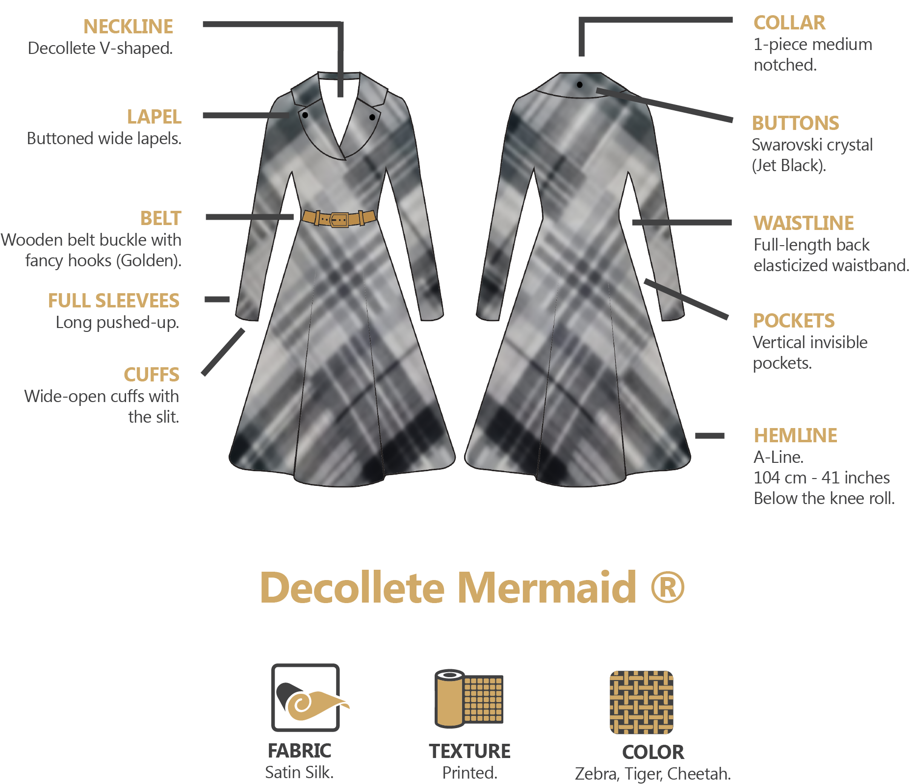 Decollete Mermaid®️ - Animal Print Long Sleeves Dress Size Guide Cheetah Zebra Tiger Anatomy Sketch