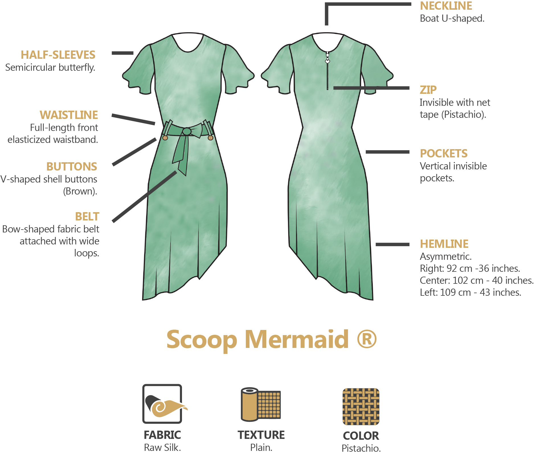 Scoop Mermaid®️ - Pistachio Raw Silk Asymmetric Dress Size Guide Anatomy Sketch