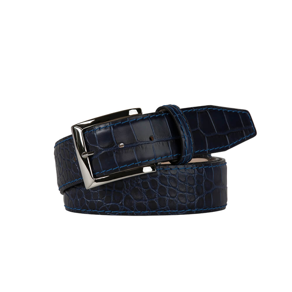 Navy Mock Crocodile Leather Belt | Mens Leather Goods | Roger Ximenez