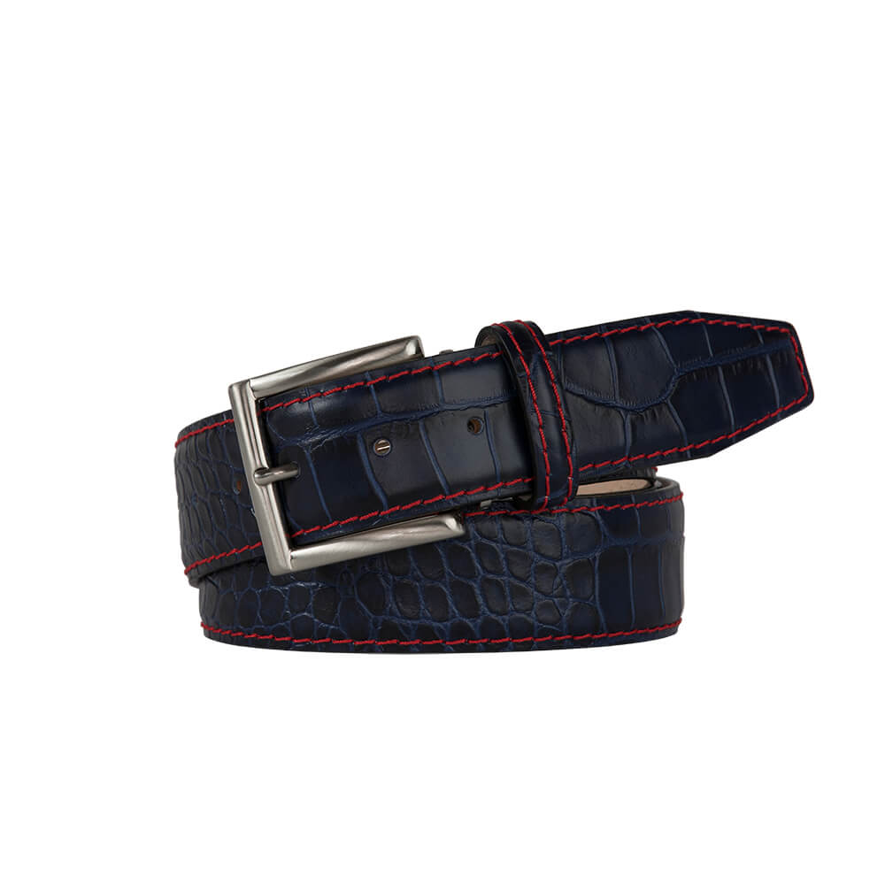 Navy Mock Crocodile Leather Belt | Mens Leather Goods | Roger Ximenez Navy / 44 / 35mm