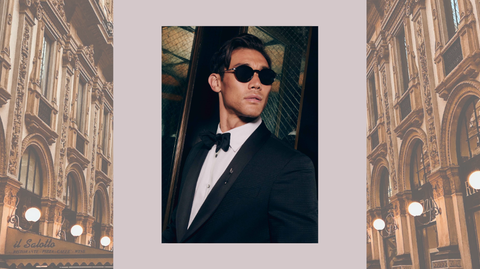 image of male model wearing joseph abboud sunglasses over an image of a building  