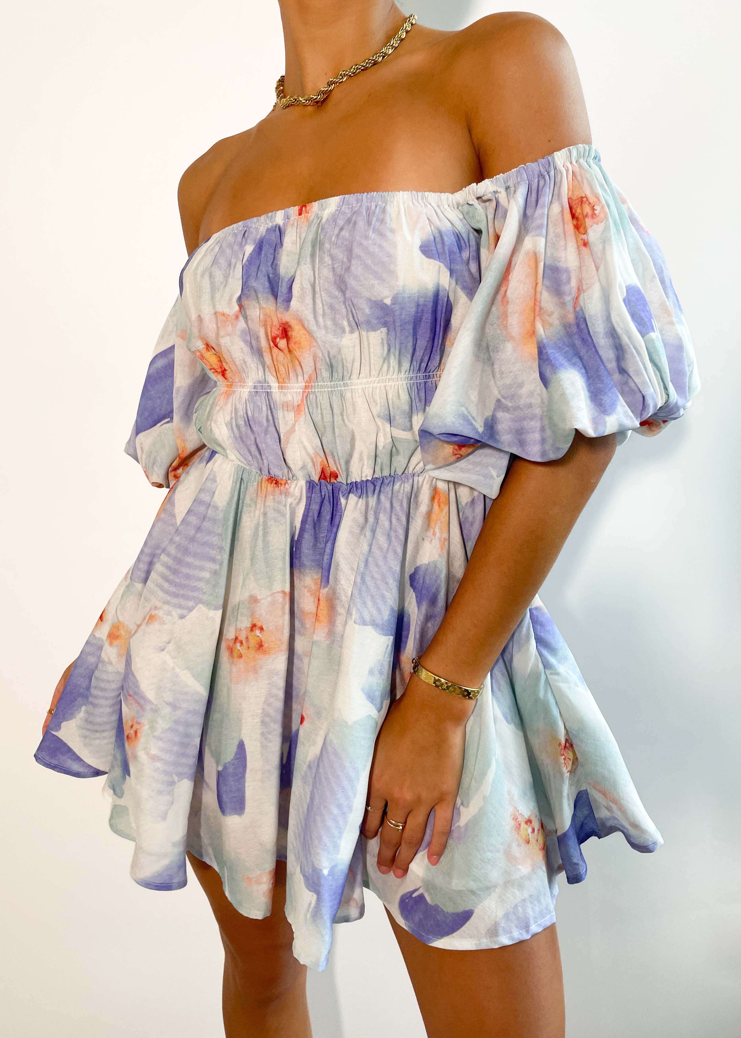 Blainey Off Shoulder Dress - Blue Watercolour