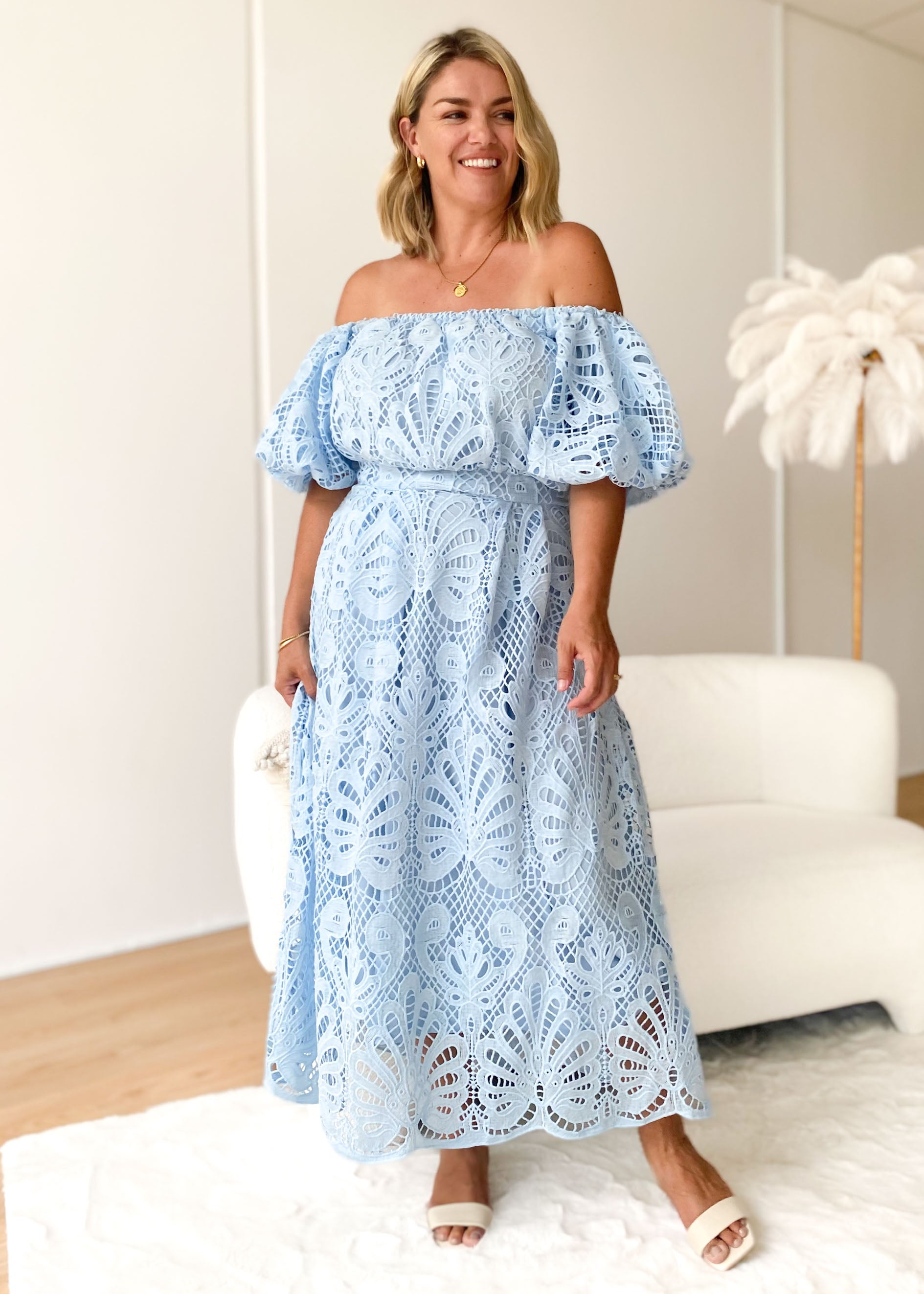 Olanah Off Shoulder Midi Dress - Blue