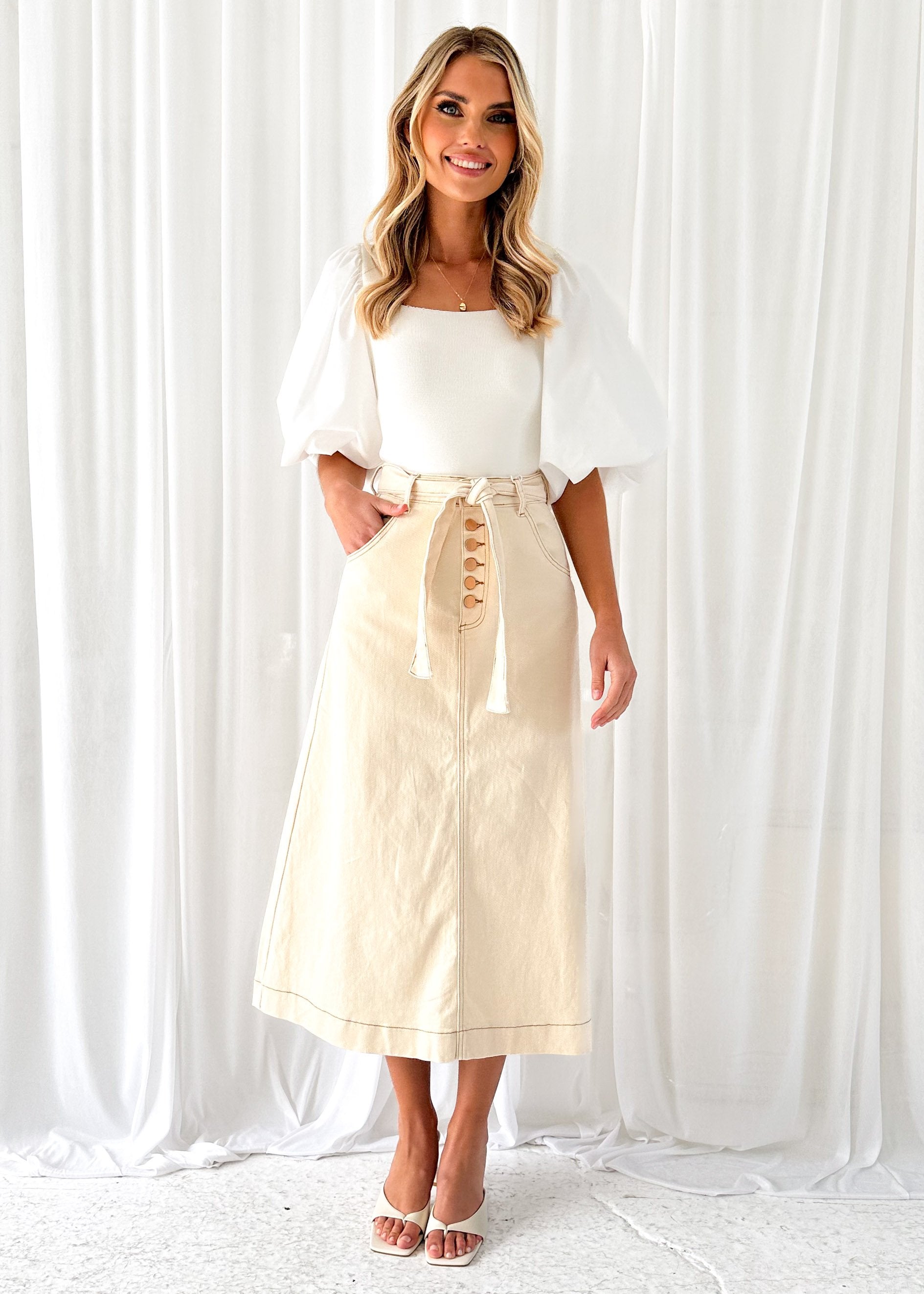 Ramsie Stretch Denim Midi Skirt - Cream