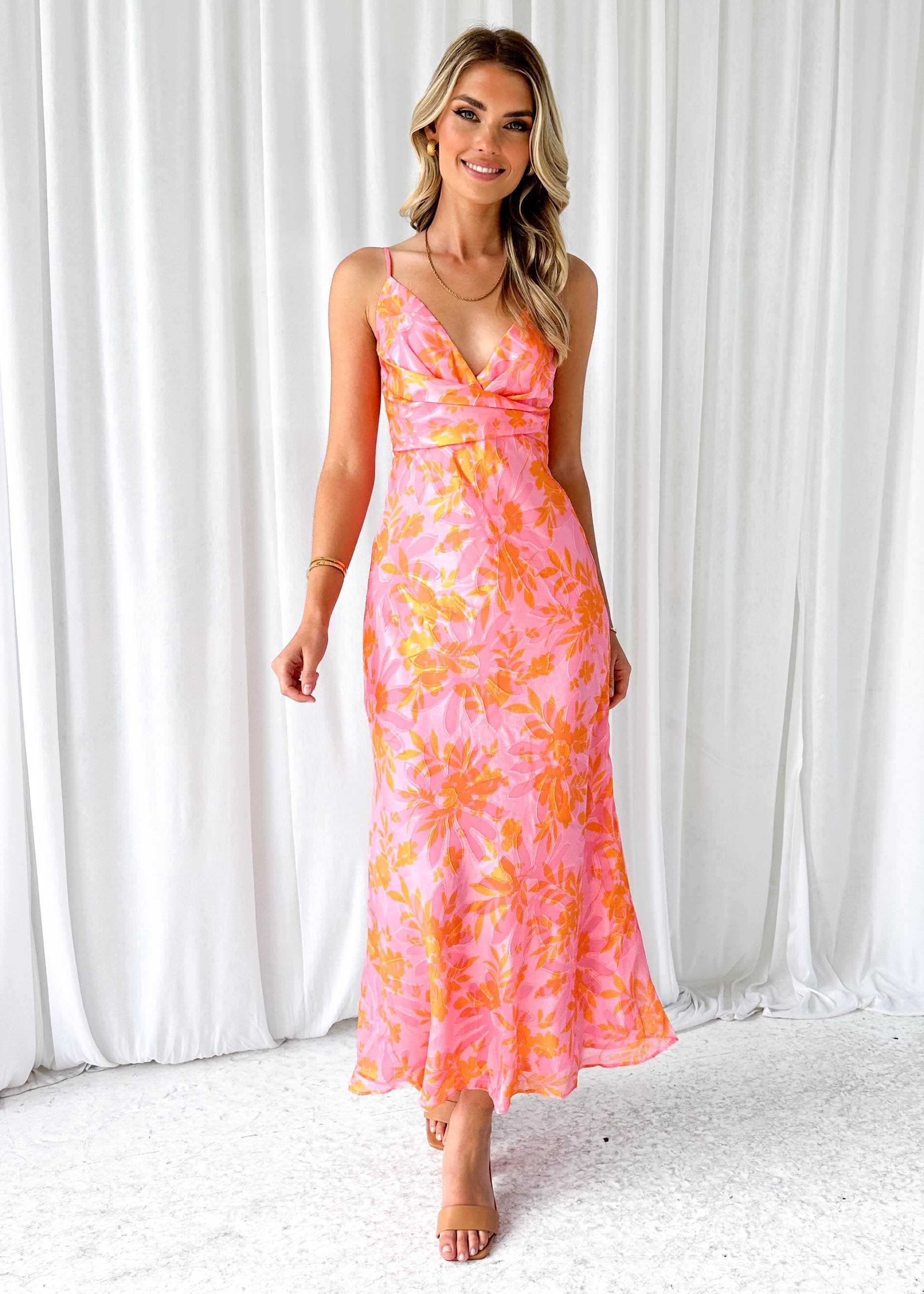 Chelsio Midi Dress - Pink Flowers