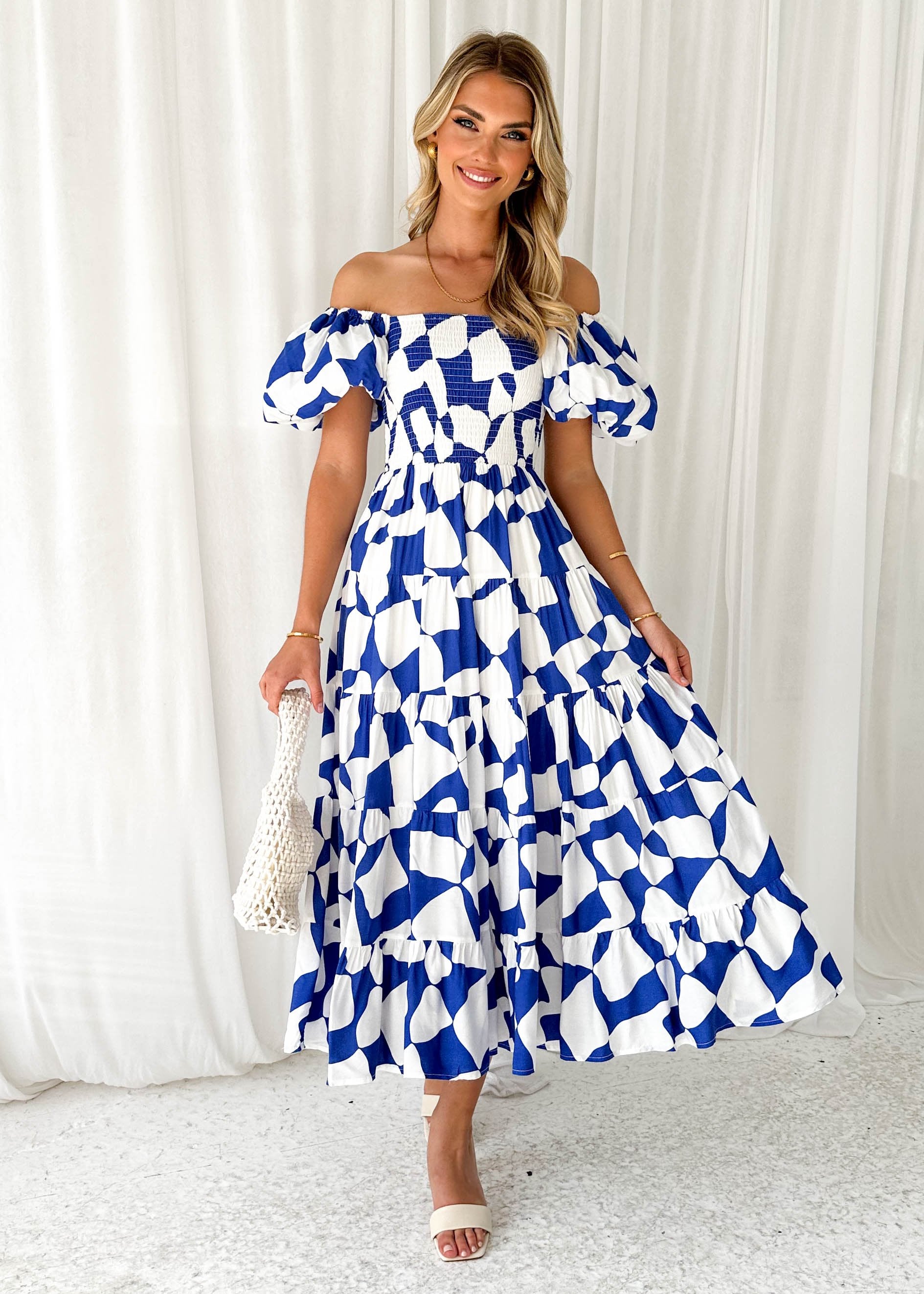 Errosy Off Shoulder Midi Dress - Cobalt Abstract