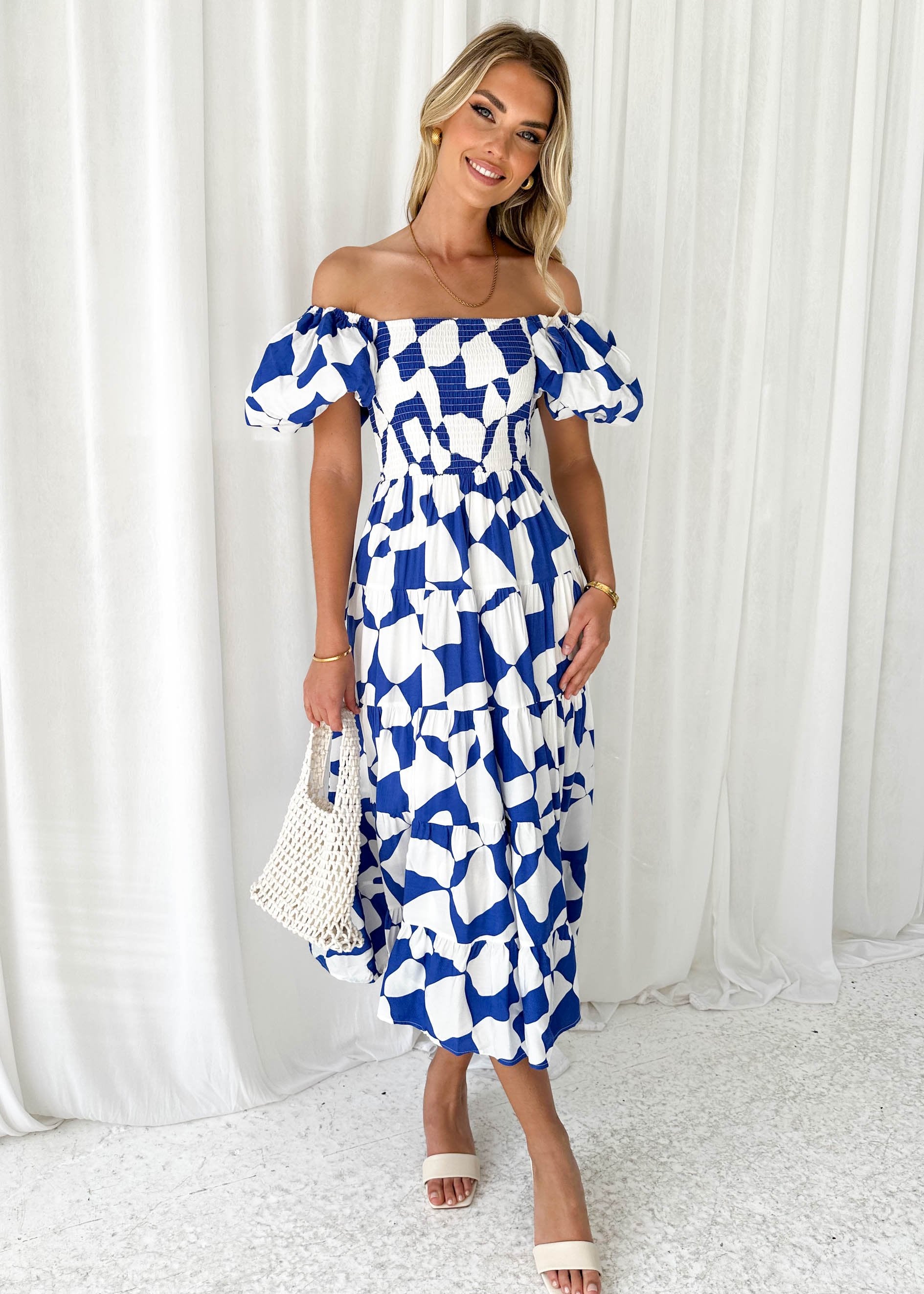 Errosy Off Shoulder Midi Dress - Cobalt Abstract