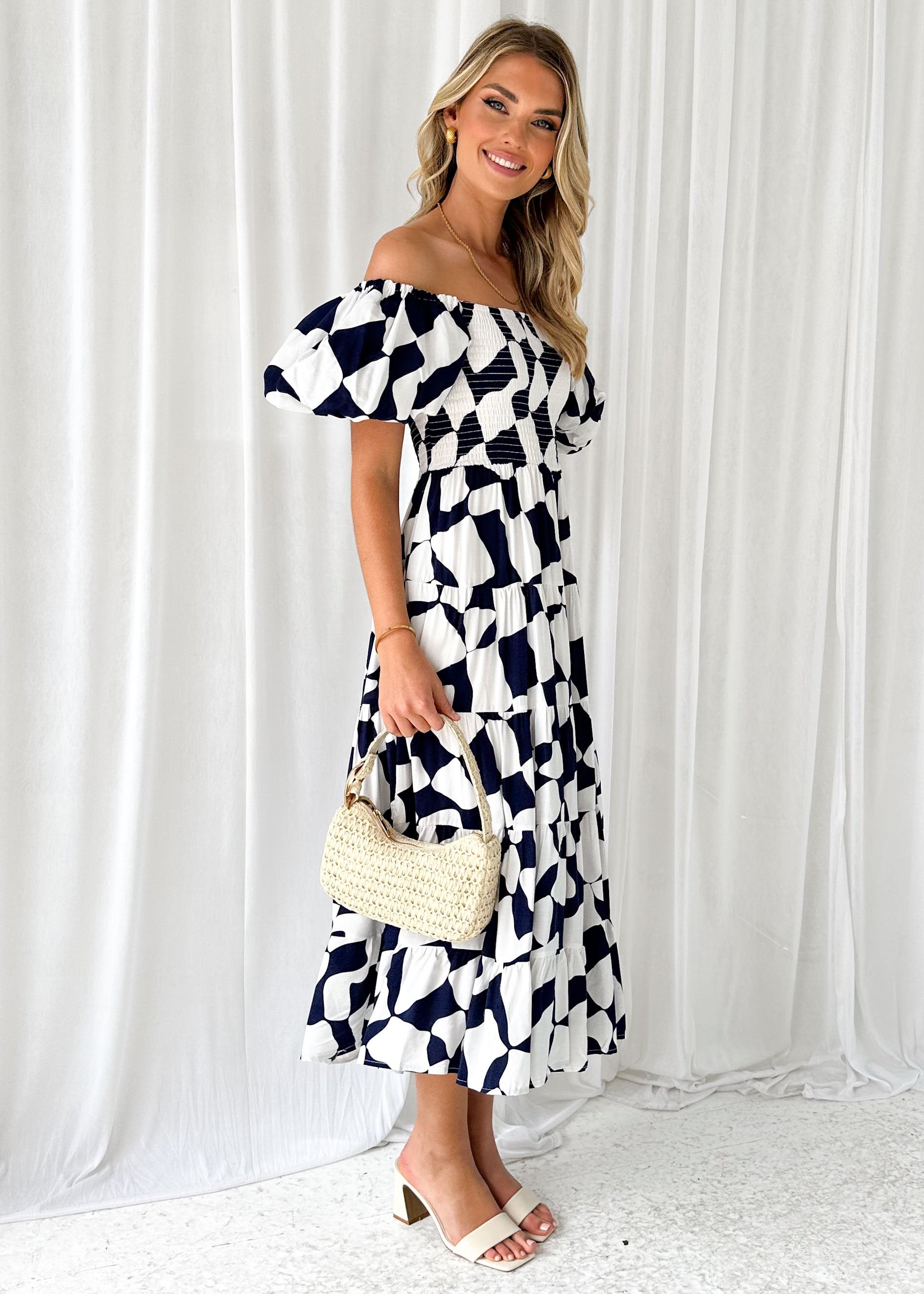 Errosy Off Shoulder Midi Dress - Navy Abstract