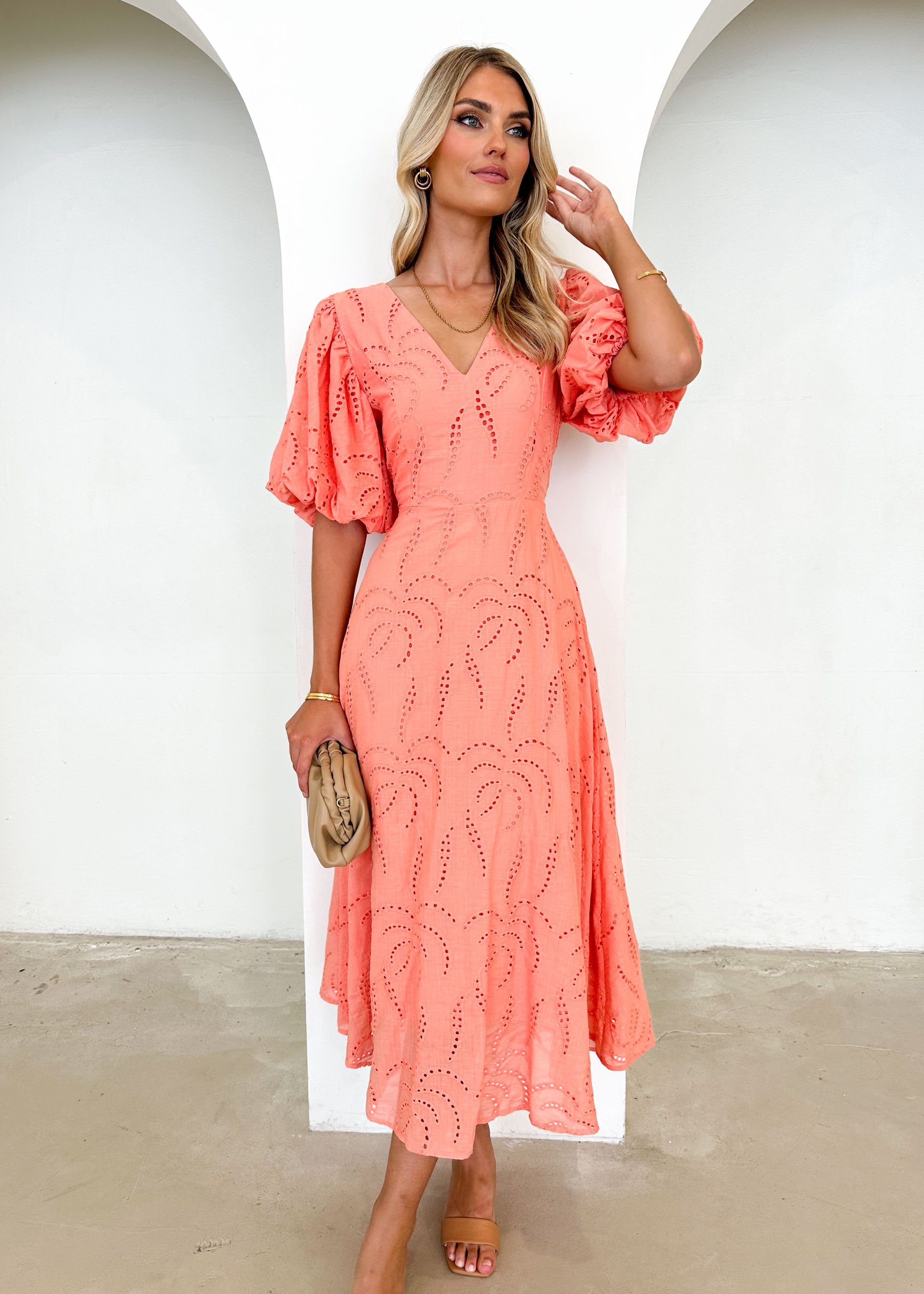 Antonio Midi Dress - Peach Anglaise