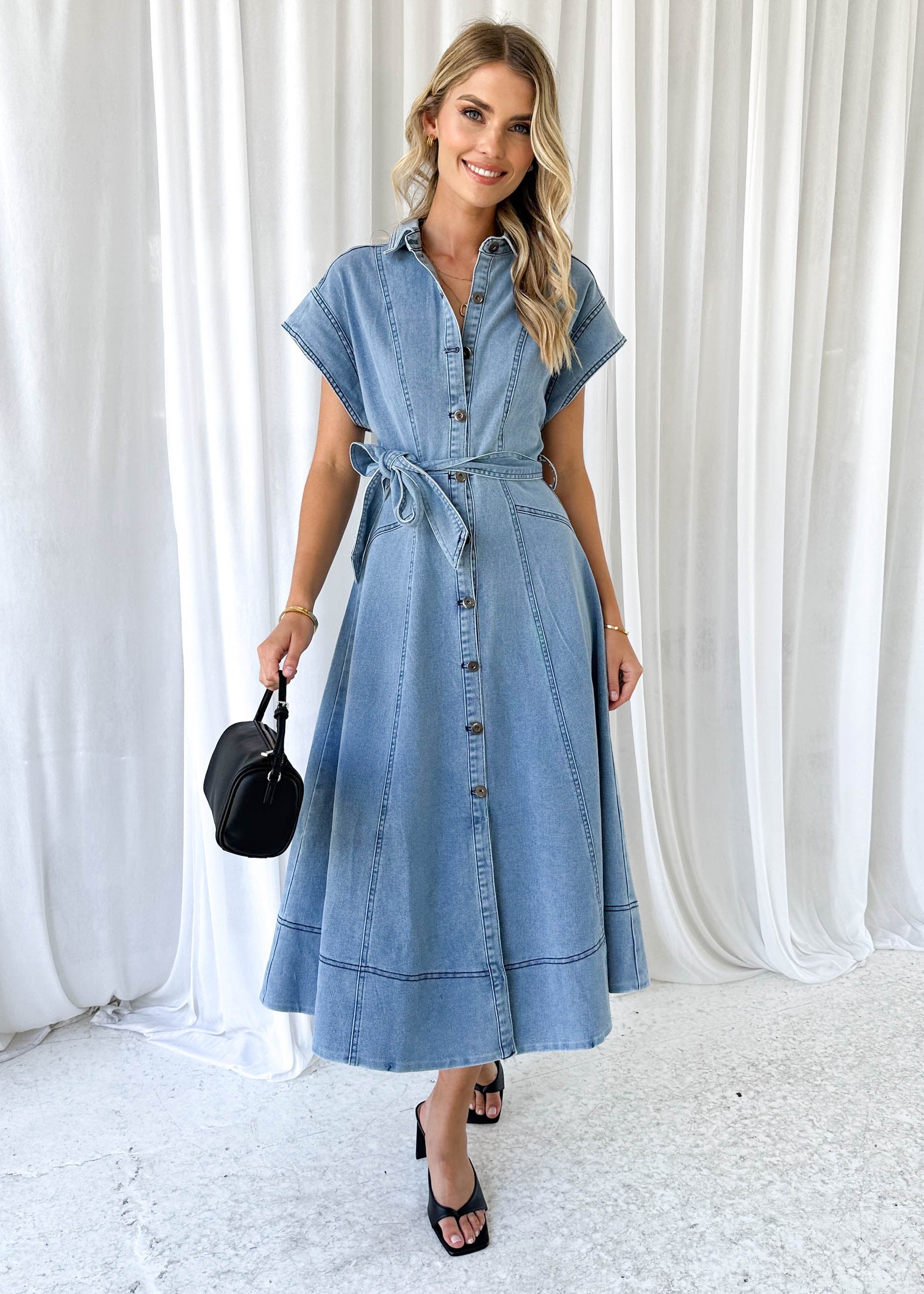 Anam Stretch Denim Midi Dress - Washed Blue