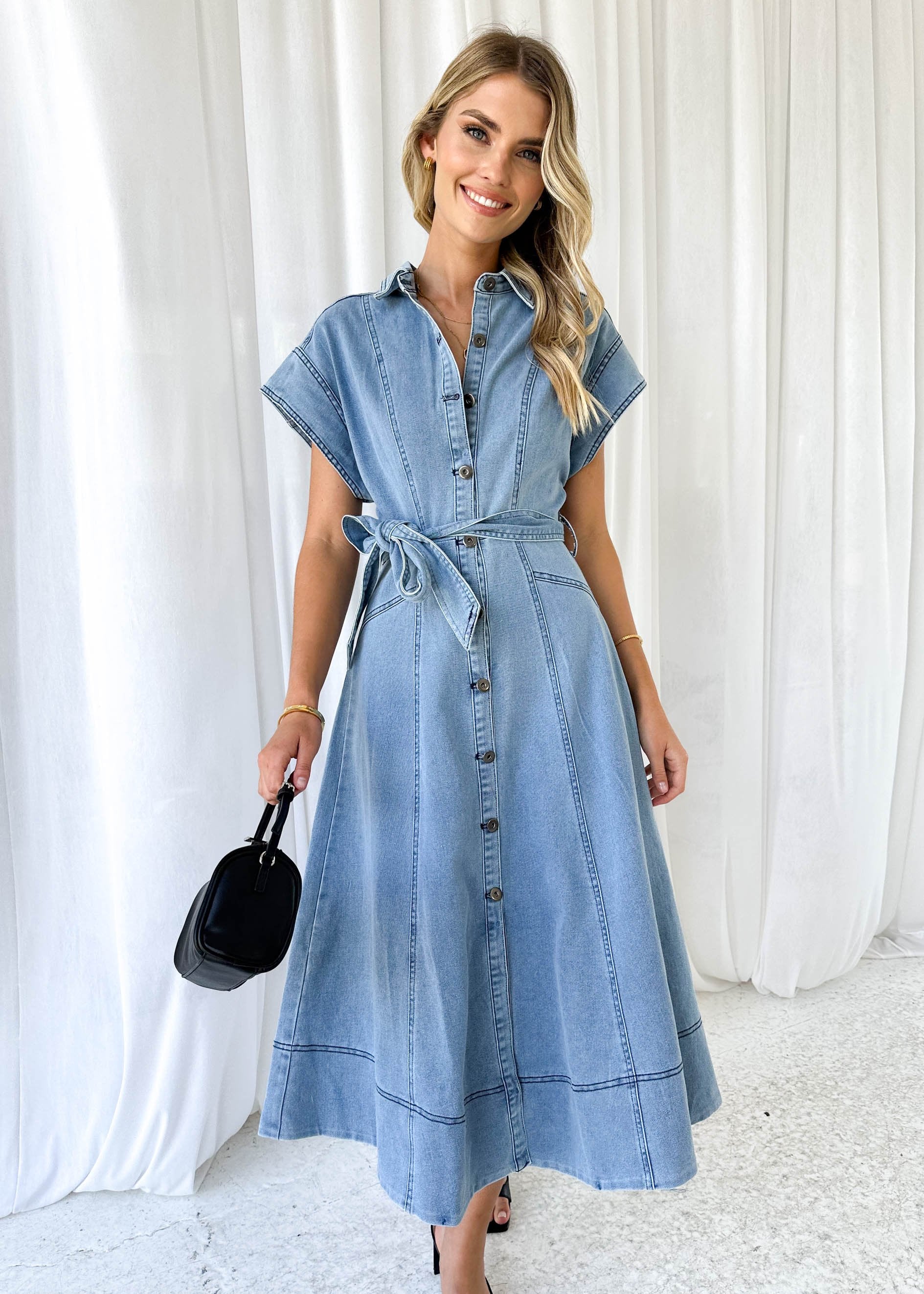 Anam Stretch Denim Midi Dress - Washed Blue