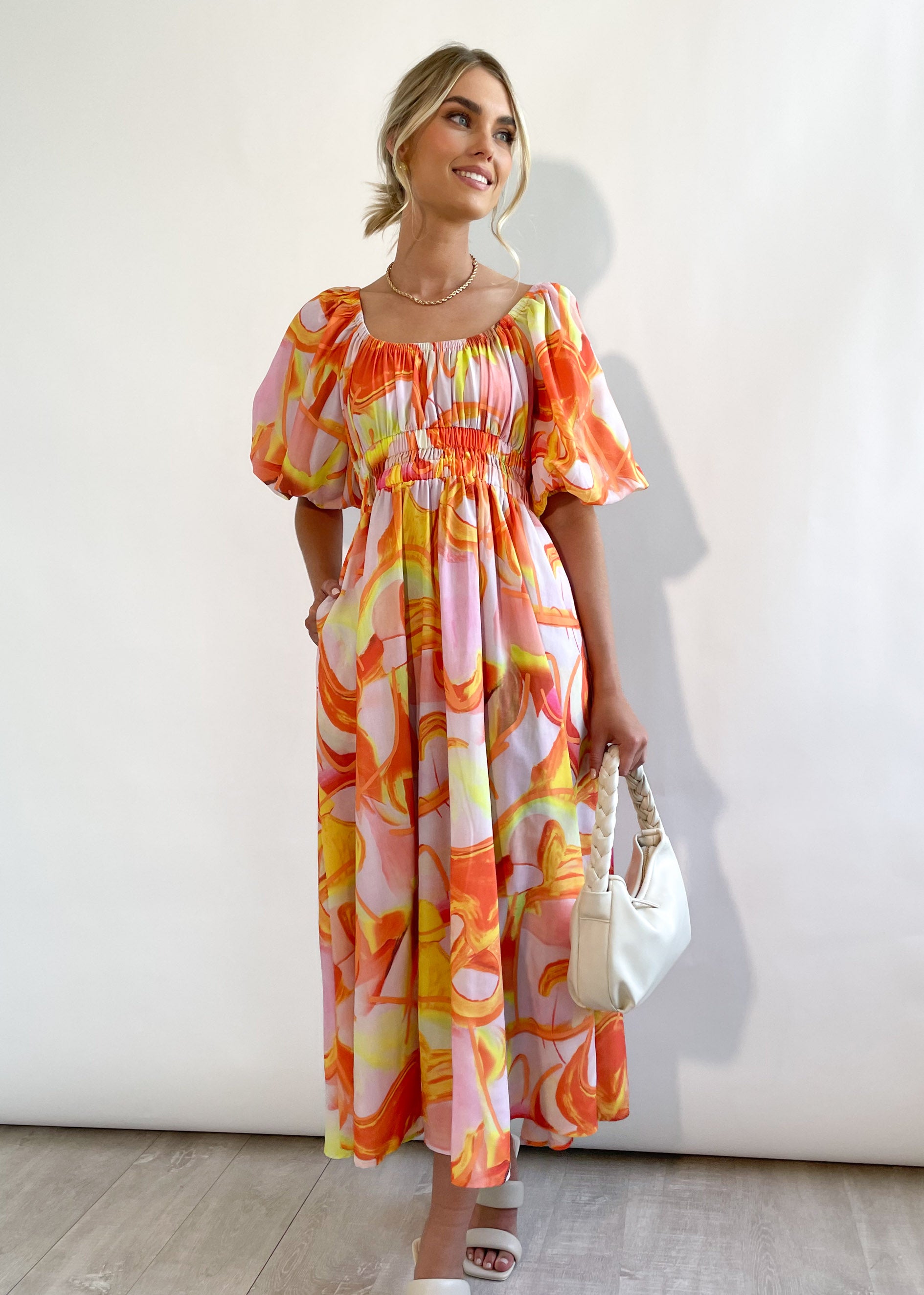Juliannah Midi Dress - Tangerine Abstract